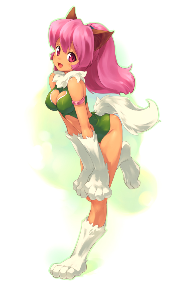 mizuki kotora, perisie (star ocean), star ocean, star ocean: first departure, 1girl, animal ears, animal hands, ass, cat ears, cat girl, cat tail, fang, female focus, fox ears, full body, leotard, pink eyes, pink hair, ponytail, shiny skin, smile, solo, tail, thighs