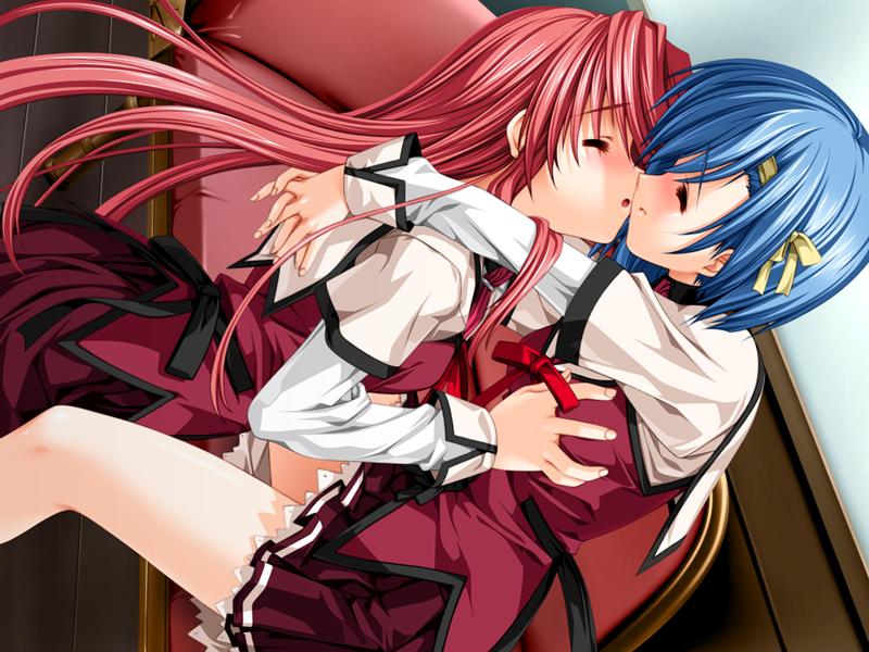 senomoto hisashi, kisaragi shuuji, tsubakihara ren, yamada taeko (koisuru otome to shugo no tate), koisuru otome to shugo no tate, game cg, 1boy, 1girl, blue eyes, blue hair, blush, closed eyes, crossdressing, grabbing another's breast, groping, hair ribbon, hetero, imminent kiss, red eyes, red hair, ribbon, school uniform, serafuku, thighhighs, trap