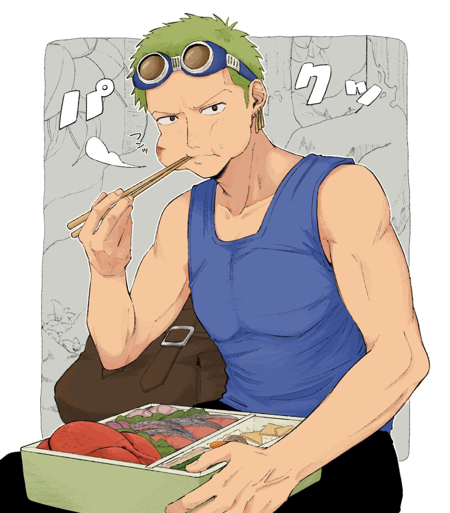 iqracha, roronoa zoro, one piece, highres, translation request, 1boy, blue tank top, chopsticks, earrings, food, food on face, goggles, goggles on head, holding bento, jewelry, lobster, looking at viewer, male focus, oden, short hair, sideburns, solo, tank top, toned, toned male, veins, veiny hands