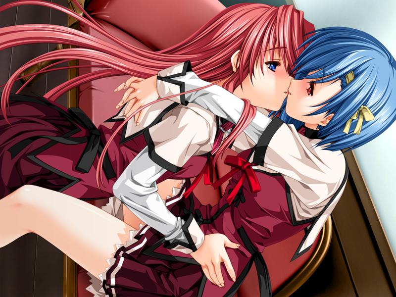 senomoto hisashi, kisaragi shuuji, tsubakihara ren, yamada taeko (koisuru otome to shugo no tate), koisuru otome to shugo no tate, game cg, 1boy, 1girl, blue eyes, blue hair, crossdressing, hair ribbon, imminent kiss, indoors, red eyes, red hair, ribbon, school uniform, serafuku, sitting, thighhighs, trap