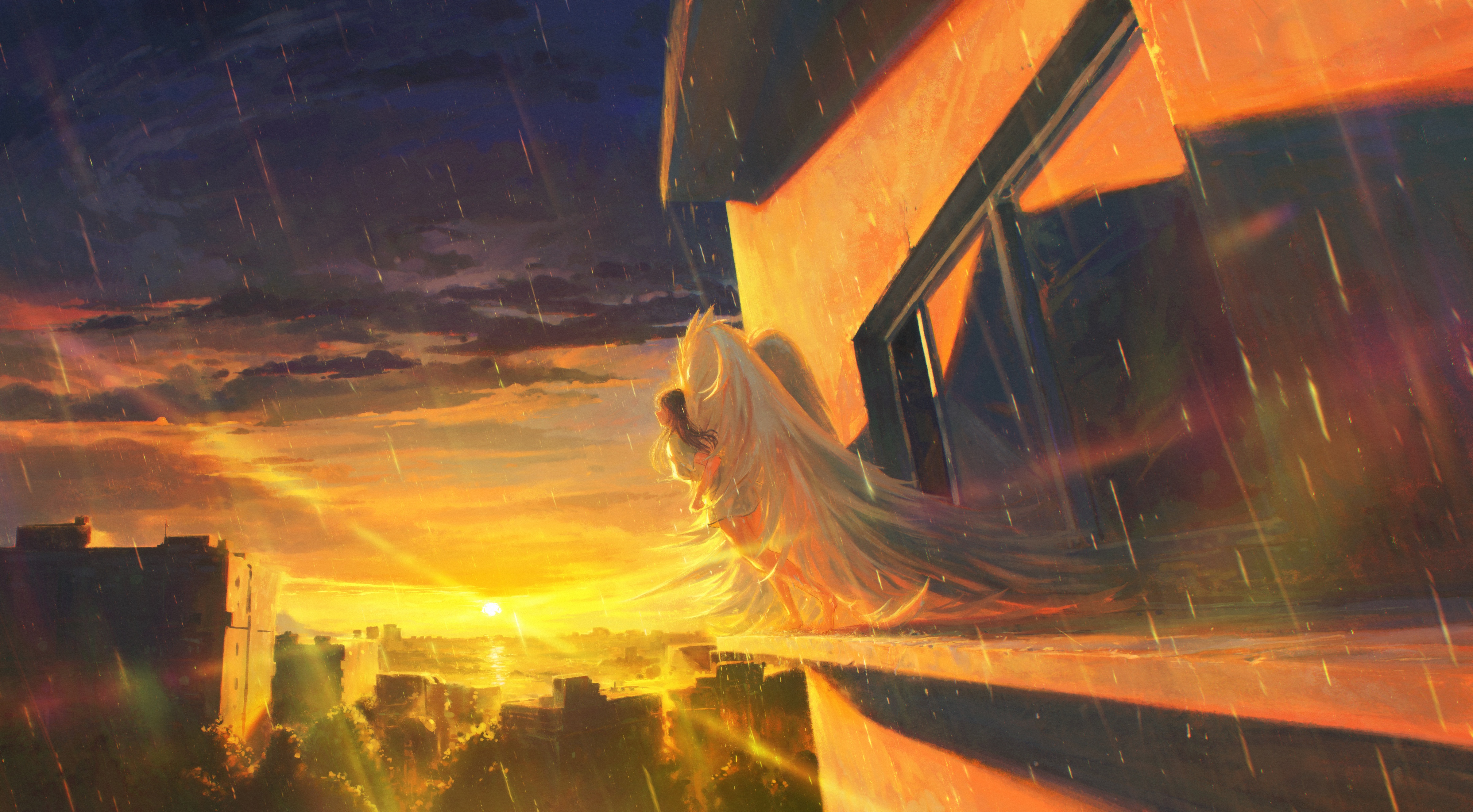 original, absurdres, chinese commentary, commentary request, highres, 1girl, angel, angel wings, black hair, building, cloud, cloudy sky, dress, feitu233, from side, ledge, long hair, outdoors, oversized wings, rain, scenery, shadow, short dress, sky, solo, standing, sun, sunlight, sunset, tree, white dress, wide shot, window, wings, yellow theme