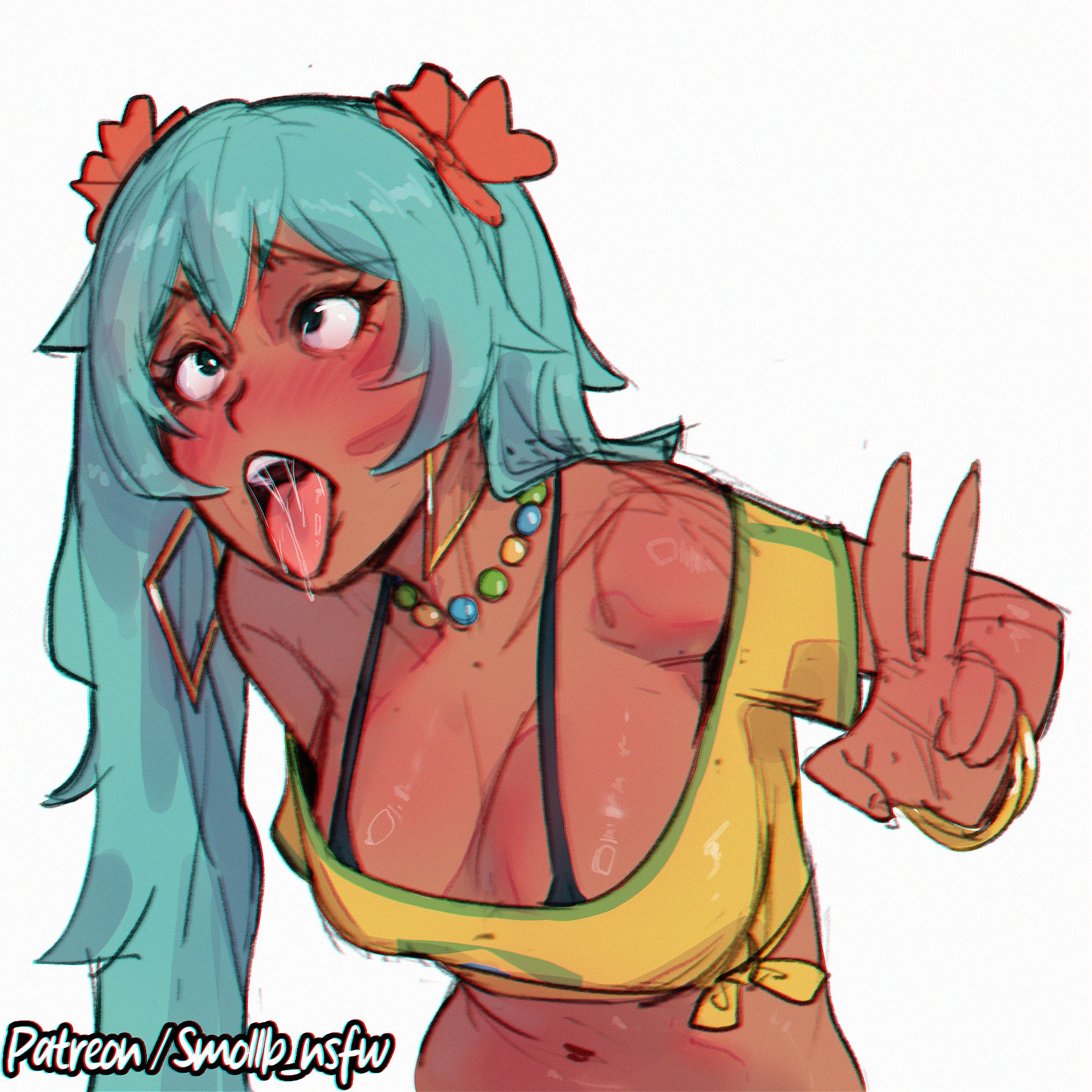 smollb nsfw, brazilian miku, hatsune miku, vocaloid, highres, 1girl, ahegao, aqua hair, breasts, cleavage, dark-skinned female, dark skin, flower, hair flower, hair ornament, jewelry, long hair, navel, saliva, shirt, solo, tan, teeth, tongue, tongue out, twintails, upper teeth only, v, yellow shirt