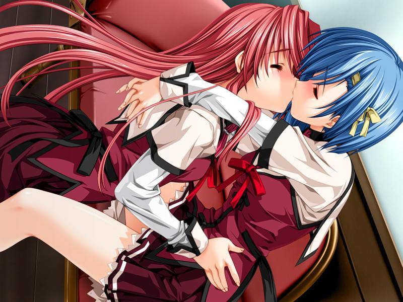 senomoto hisashi, kisaragi shuuji, tsubakihara ren, yamada taeko (koisuru otome to shugo no tate), koisuru otome to shugo no tate, game cg, 1boy, 1girl, blue hair, crossdressing, dutch angle, hetero, kiss, red hair, school uniform, thighhighs, thighs, trap