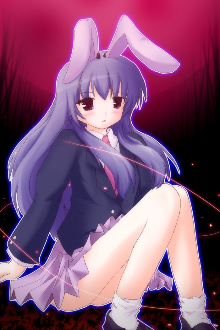 lzh, reisen udongein inaba, touhou, 1girl, animal ears, ass, female focus, gradient background, legs, necktie, purple hair, rabbit ears, red eyes, skirt, solo