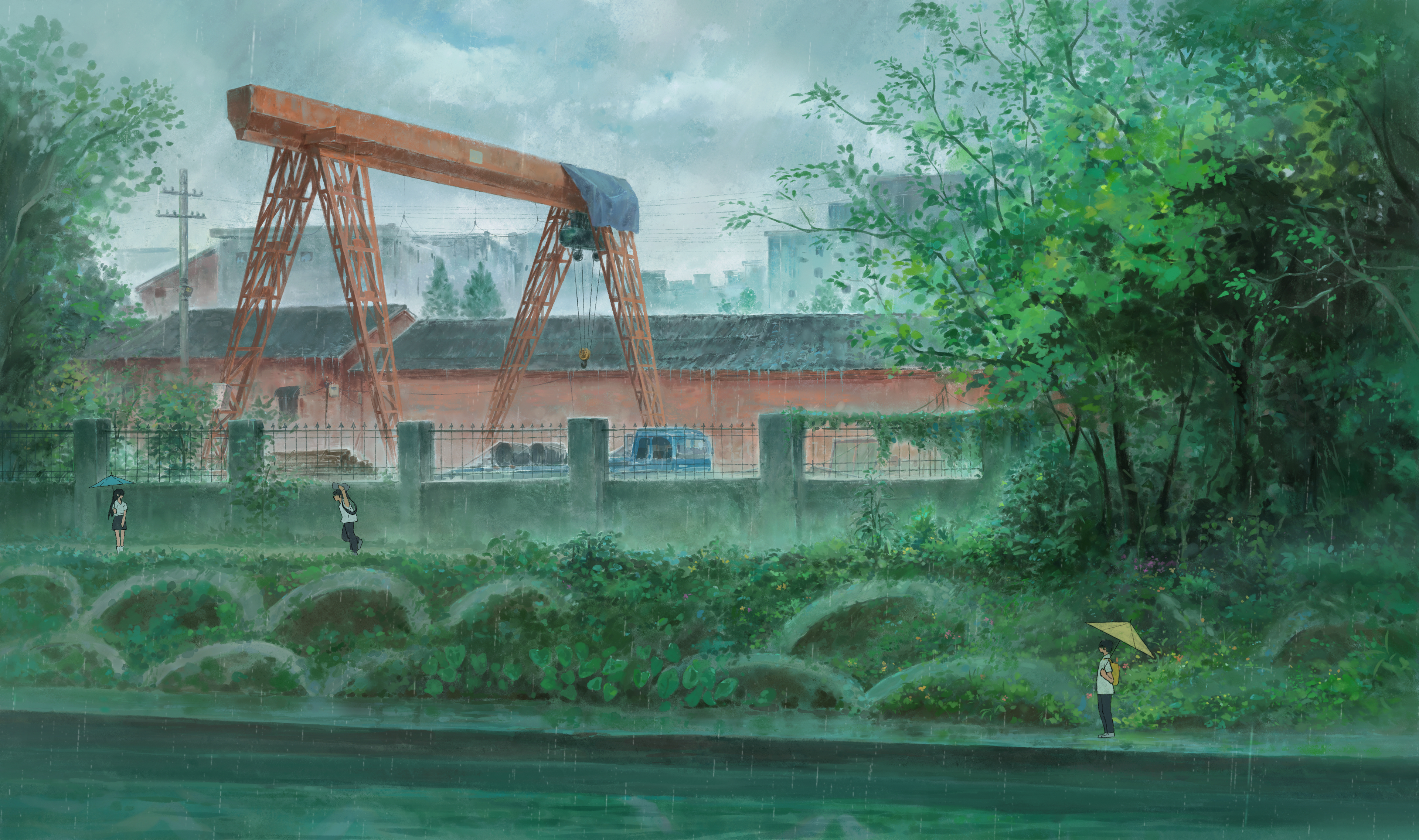 original, absurdres, chinese commentary, commentary request, highres, variant set, 1girl, 2boys, building, bush, crane (machine), day, feitu233, fence, grey sky, holding, holding umbrella, iron fence, motor vehicle, multiple boys, oil-paper umbrella, outdoors, overcast, plant, rain, scenery, school uniform, sky, standing, tree, truck, umbrella, very wide shot, walking