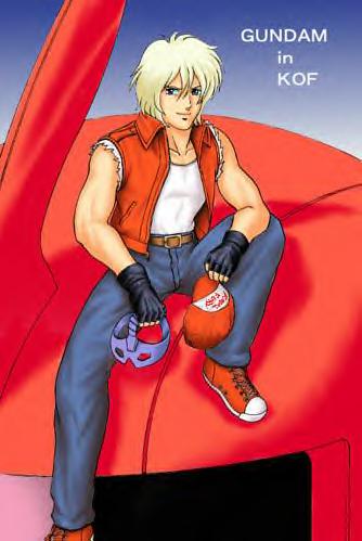 char aznable, terry bogard, fatal fury, gundam, mobile suit gundam, snk, the king of fighters, lowres, 1boy, baseball cap, copyright name, cosplay, fatal fury cap, hat, male focus, mask, parody, sitting, solo, terry bogard (cosplay)