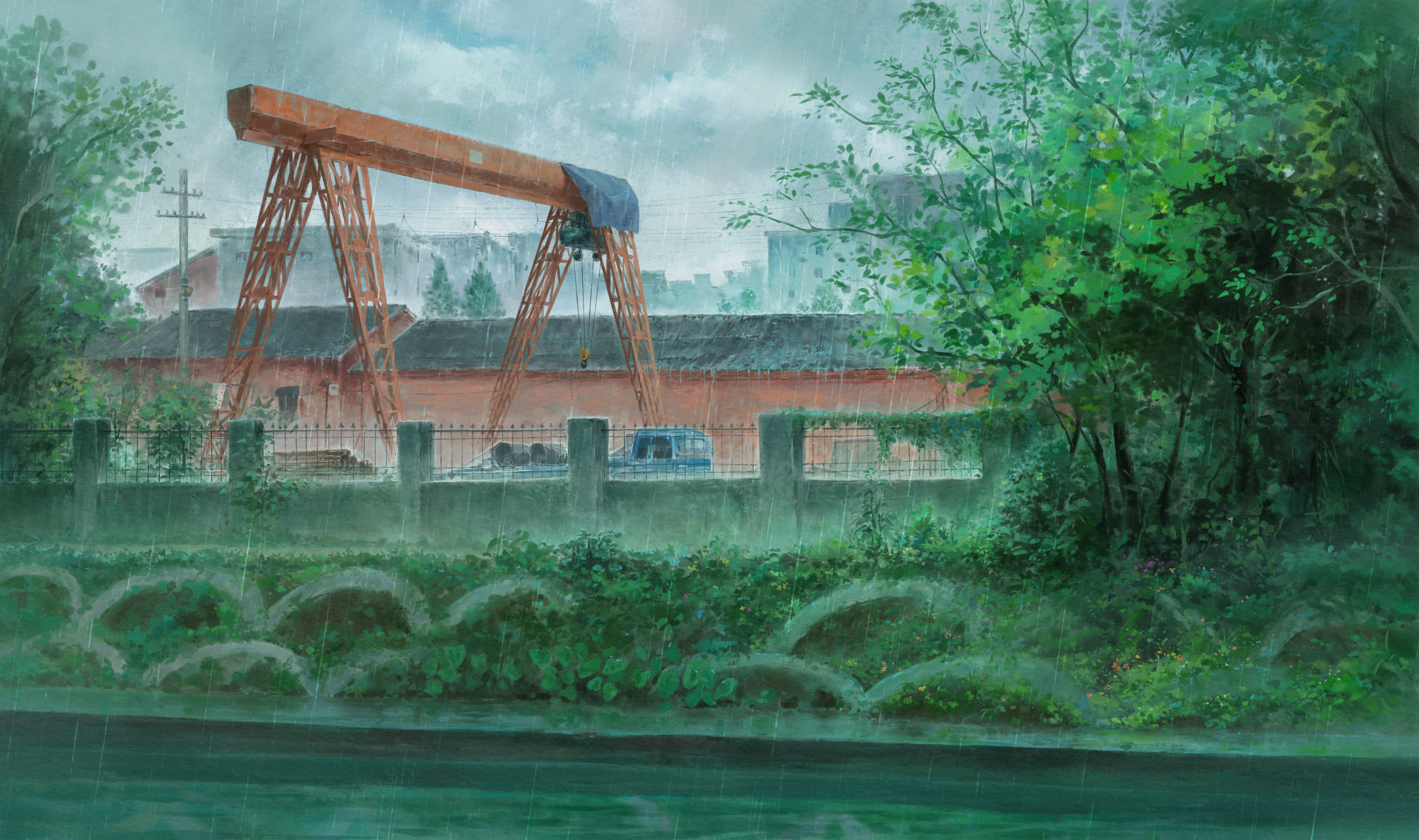 original, absurdres, chinese commentary, commentary request, highres, variant set, building, bush, crane (machine), day, feitu233, fence, grey sky, iron fence, motor vehicle, no humans, outdoors, overcast, plant, rain, scenery, sky, tree, truck