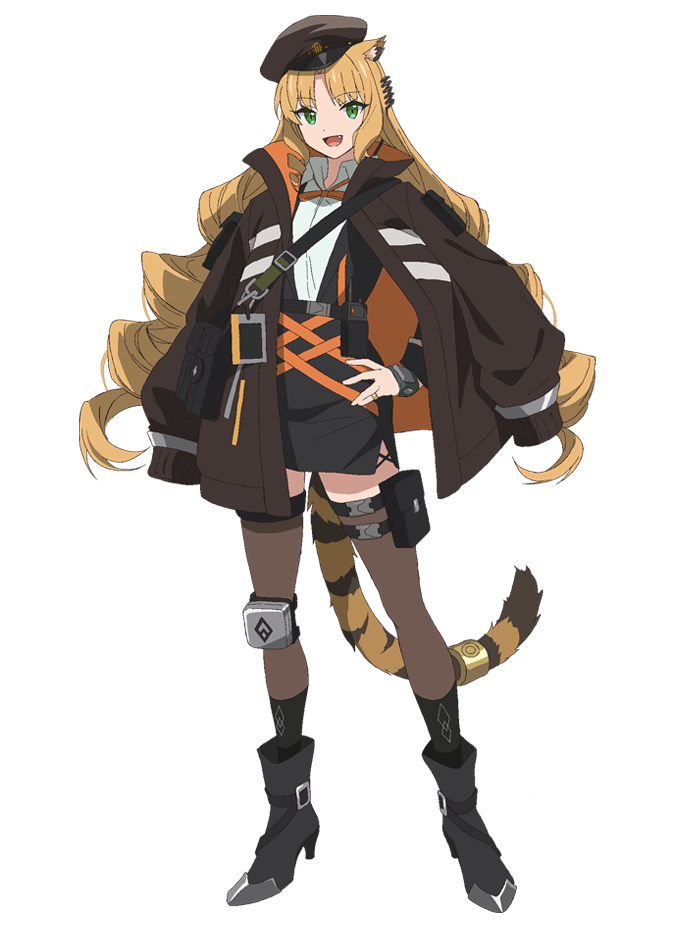 takafuji aya, swire (arknights), arknights, official art, 1girl, animal ears, anime coloring, belt, black belt, black boots, black skirt, blonde hair, boots, breasts, brown hat, brown jacket, collared shirt, curtained hair, drill hair, drill sidelocks, fang, full body, green eyes, grey thighhighs, hand on own hip, hat, high heel boots, high heels, jacket, knee guards, long hair, looking at viewer, medium breasts, open clothes, open jacket, open mouth, orange ribbon, pencil skirt, pouch, ribbon, shirt, sidelocks, simple background, skirt, smile, solo, standing, tail, thigh pouch, thighhighs, thighs, tiger ears, tiger girl, tiger tail, transparent background, very long hair, white shirt