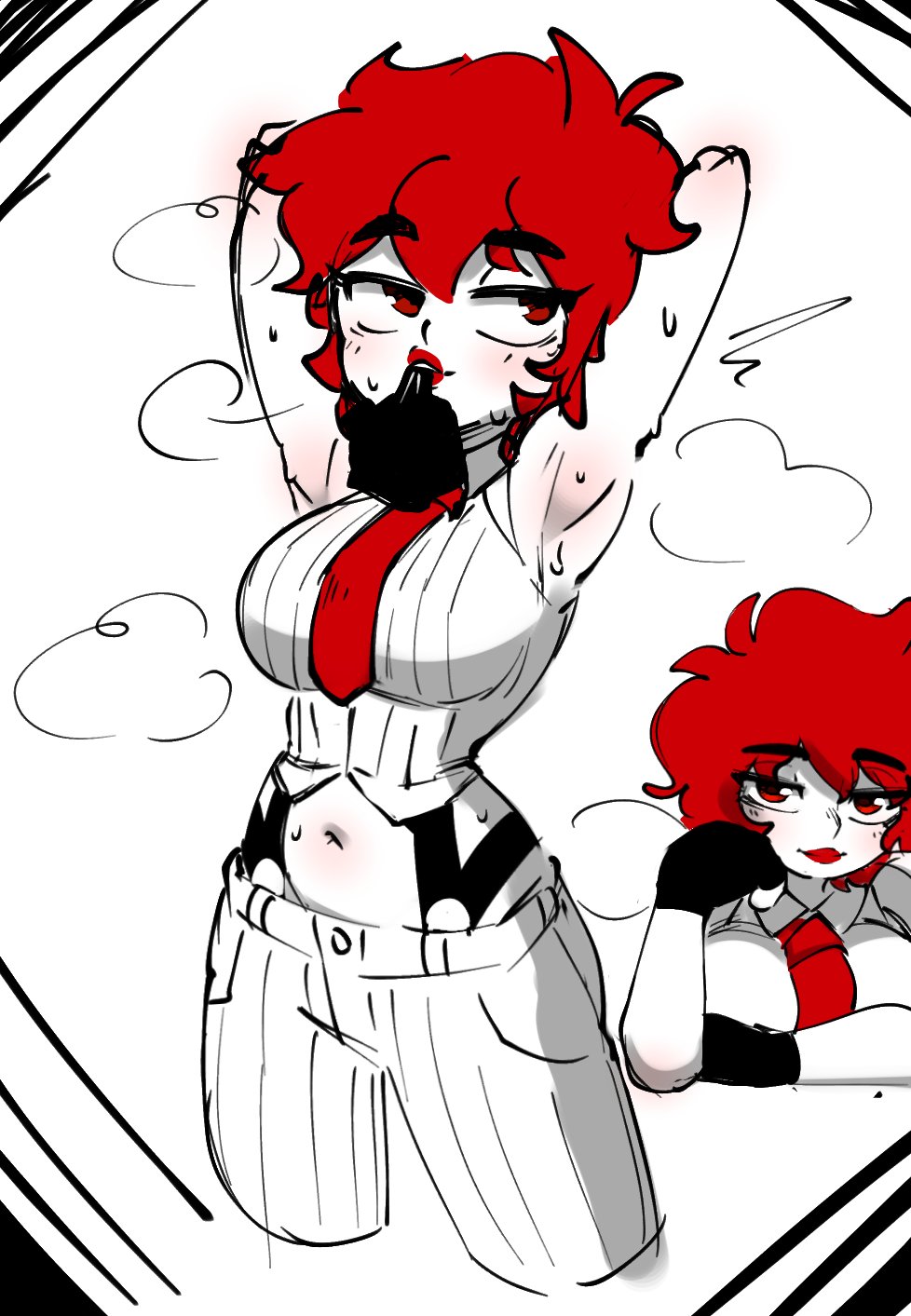 jellot, vanessa (kof), the king of fighters, 1girl, breasts, female focus, formal clothes, gloves, huge breasts, large breasts, leather, looking at viewer, pants, red eyes, red hair, shirt, short hair, standing, thick thighs, thighs, white shirt, wide hips