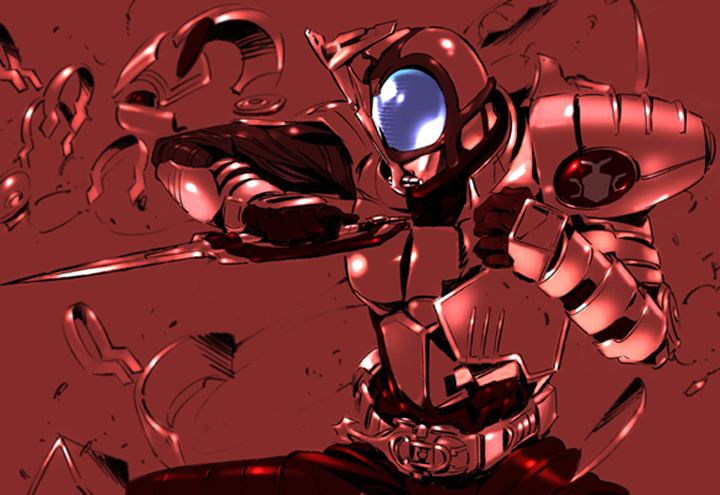 kamen rider kabuto, kamen rider, kamen rider kabuto (series), 1boy, armor, belt, compound eyes, dagger, horns, knife, male focus, red theme, rider kabuto, single horn, solo, weapon
