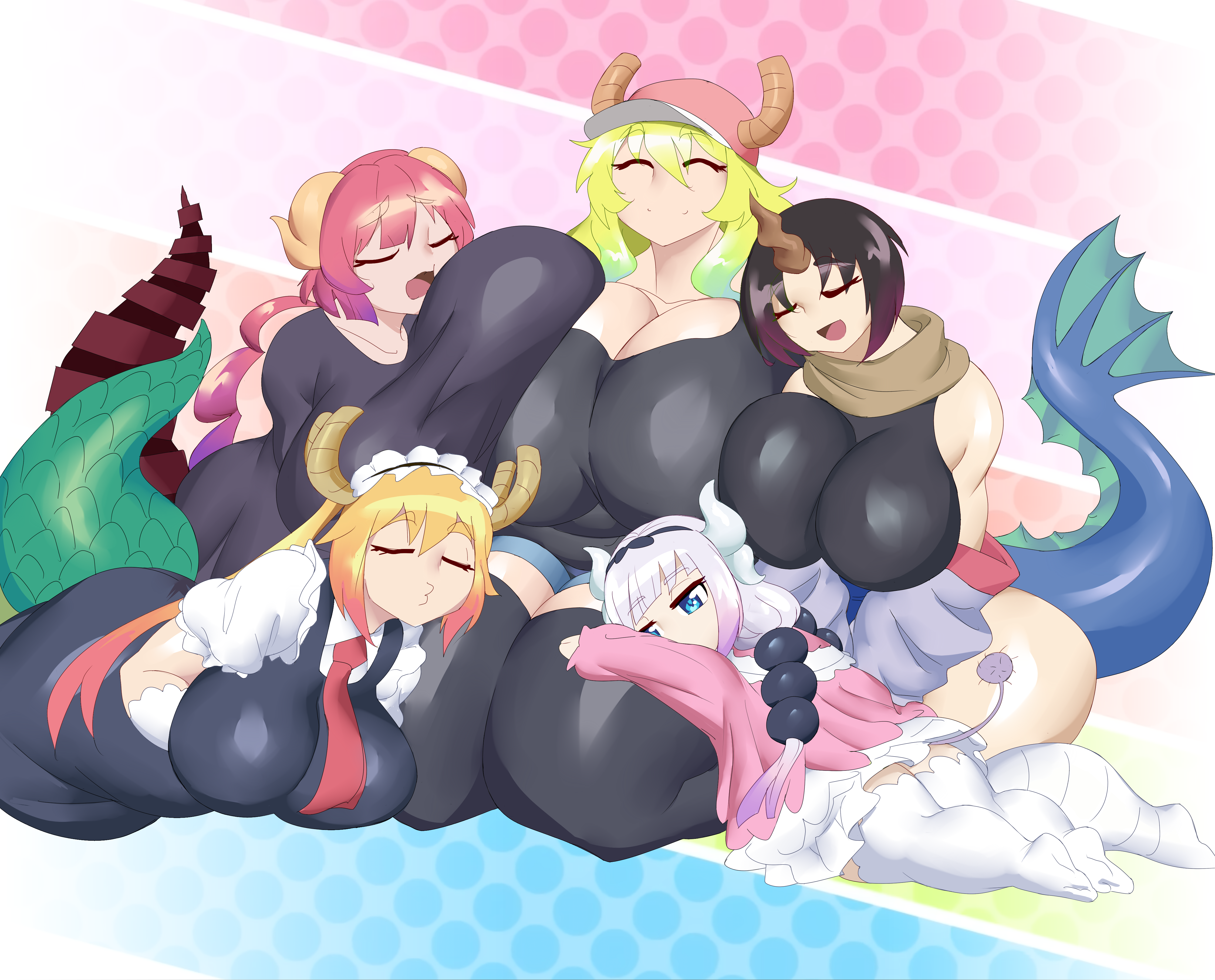 kyelyn, elma (maidragon), ilulu (maidragon), kanna kamui, lucoa (maidragon), tohru (maidragon), kobayashi-san chi no maidragon, 5girls, bare shoulders, baseball cap, black hair, black shirt, black thighhighs, blonde hair, blue eyes, breasts, cleavage, closed eyes, closed mouth, dragon horns, dragon tail, dress, full body, gloves, gradient hair, green hair, happy, hat, horns, huge breasts, kneeling, large breasts, legs, long sleeves, lying, maid, maid headdress, multicolored hair, multiple girls, on stomach, open mouth, pink dress, pink hair, polka dot, polka dot background, purple hair, red hair, scarf, shirt, short hair, shorts, sleeping, sleeveless, smile, tail, thick thighs, thighhighs, thighs, twintails, white gloves, white thighhighs