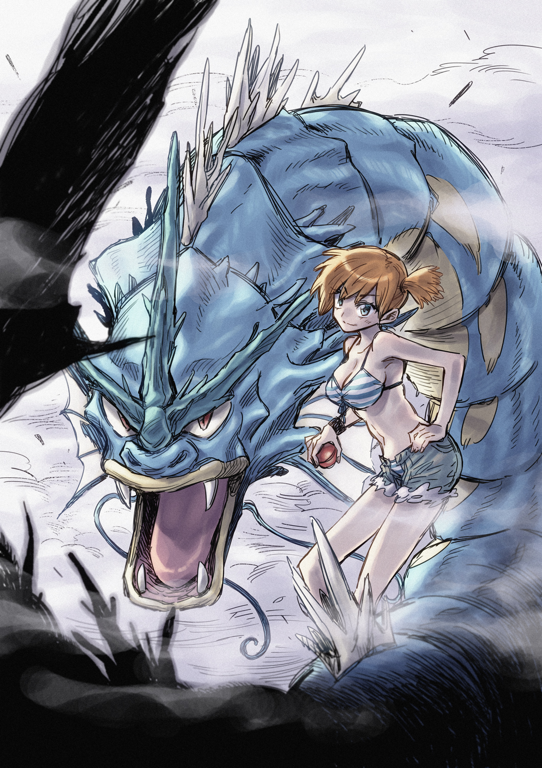 takanashi ringo, gyarados, misty (pokemon), nintendo, pokemon, pokemon (anime), pokemon (classic anime), highres, 1girl, asymmetrical hair, bikini, bikini top only, blue eyes, breasts, cleavage, cutoffs, denim, denim shorts, fangs, gen 1 pokemon, green eyes, gym leader, hand on own hip, holding, holding poke ball, looking at viewer, medium breasts, midriff, navel, orange hair, poke ball, poke ball (basic), ponytail, red eyes, short hair, short shorts, shorts, side ponytail, smile, solo, striped clothes, swimsuit