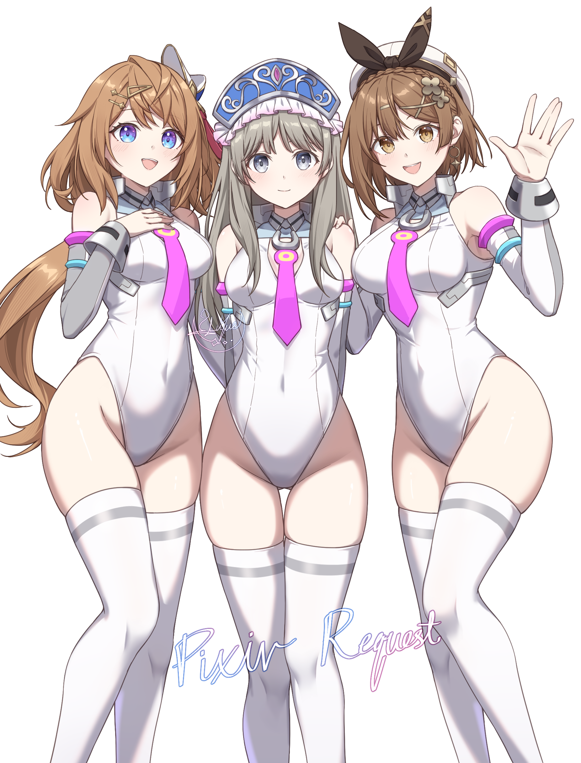 luyue, mihono bourbon (umamusume), reisalin stout, resna sternenlicht, totooria helmold, atelier (series), atelier meruru, atelier resleriana, atelier ryza, umamusume, absurdres, commission, highres, pixiv commission, 3girls, arms behind back, blue eyes, breasts, brown eyes, brown hair, cosplay, detached sleeves, grey hair, highleg, highleg leotard, horseshoe ornament, large breasts, leotard, medium hair, mihono bourbon (umamusume) (cosplay), multiple girls, necktie, pink necktie, thighhighs, white background, white leotard, white thighhighs