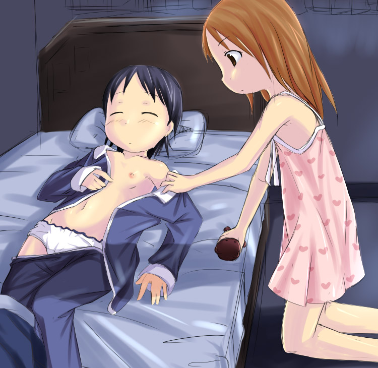 itou chika, matsuoka miu, ichigo mashimaro, artist request, 2girls, armpit crease, armpits, assertive female, assisted exposure, clothes pull, flat chest, kneeling, loli, lying, multiple girls, nightgown, nipples, open clothes, open shirt, pajamas, panties, pants, pants pull, shirt, sleep molestation, sleeping, stuffed animal, stuffed toy, underwear, undressing, white panties, yuri