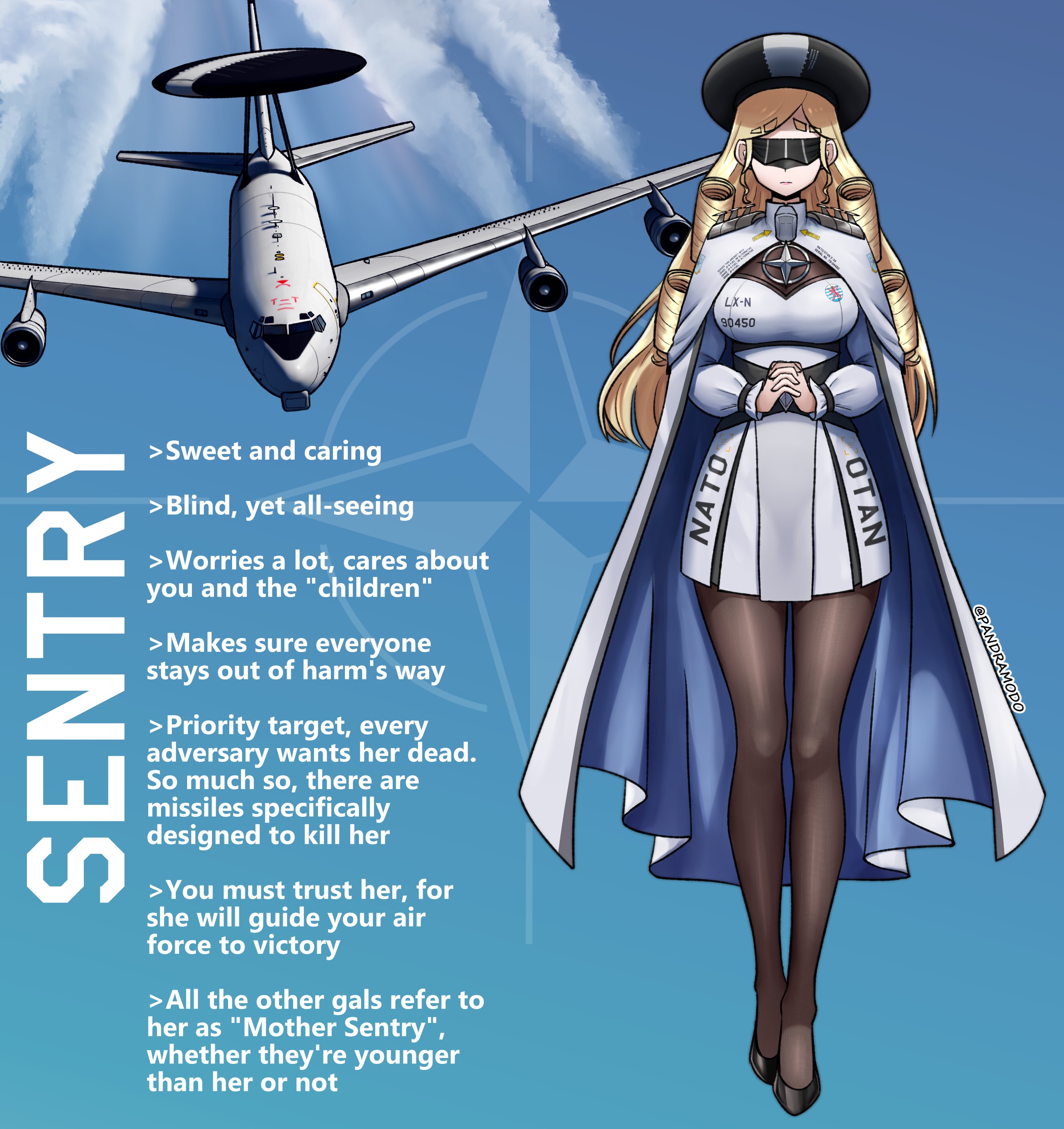 pandramodo, original, absurdres, commentary, english commentary, highres, 1girl, aircraft, airplane, black hat, black shoes, blonde hair, breasts, brown pantyhose, cape, closed mouth, dress, drill hair, e-3 sentry, emblem, english text, epaulettes, facing viewer, goggles, grey cape, grey dress, hat, interlocked fingers, long hair, long sleeves, military vehicle, own hands together, pantyhose, personification, shoes, solo, vehicle and personification, very long hair