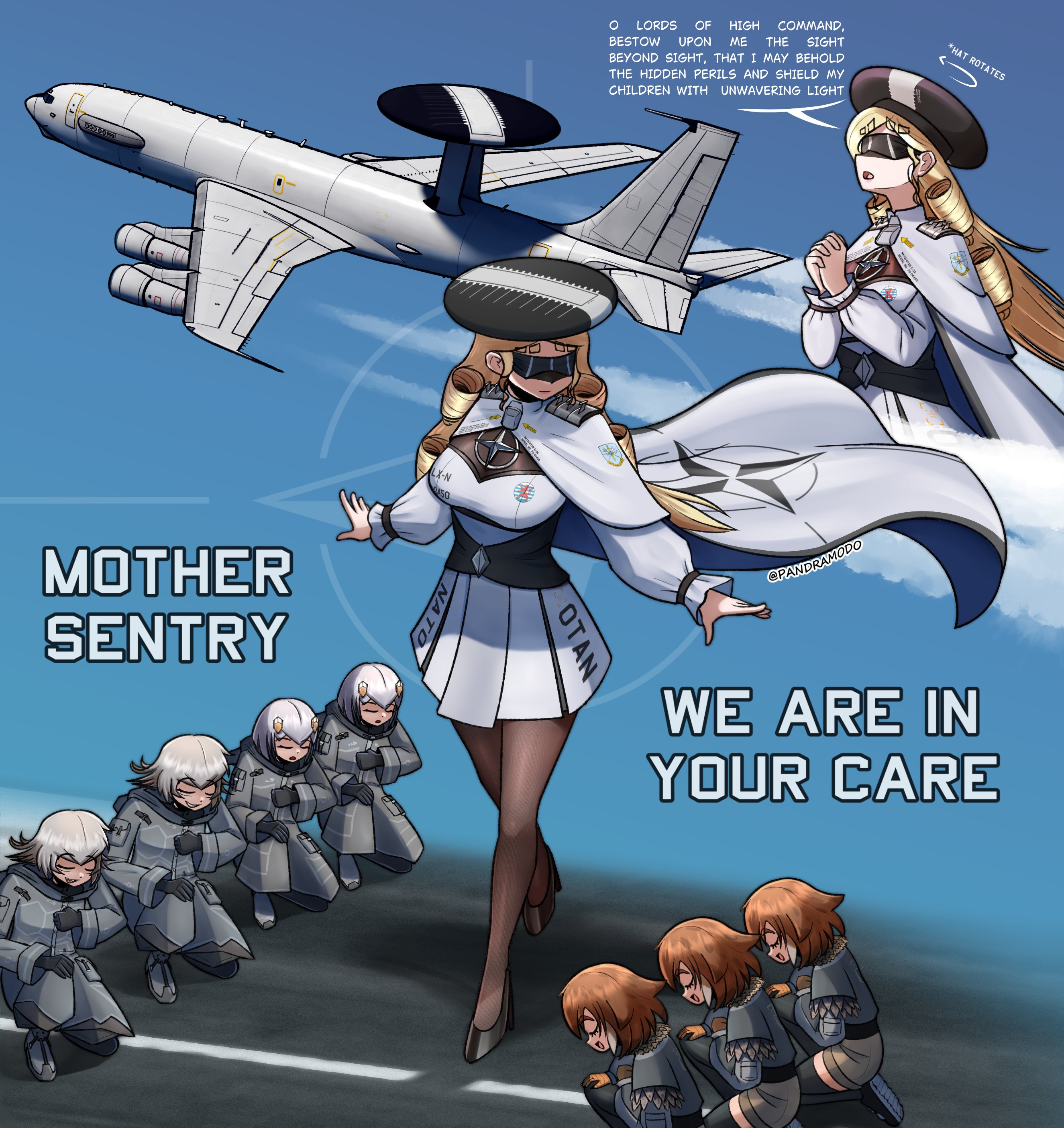 pandramodo, f-35 lightning ii, f-35 lightning ii (personification), original, absurdres, commentary, english commentary, highres, 6+girls, aircraft, airplane, black gloves, black hat, black shoes, black thighhighs, blonde hair, breasts, brown hair, brown pantyhose, brown shorts, cape, clone, closed eyes, closed mouth, coat, dress, drill hair, e-3 sentry, emblem, english text, epaulettes, f-16 fighting falcon, f-22 raptor, f-22 raptor (personification), gloves, goggles, grey cape, grey coat, grey dress, grey hair, hat, high heels, interlocked fingers, long hair, long sleeves, military vehicle, multiple girls, on one knee, open mouth, own hands together, pantyhose, personification, shoes, shorts, smile, thighhighs, twitter username, vehicle and personification, very long hair