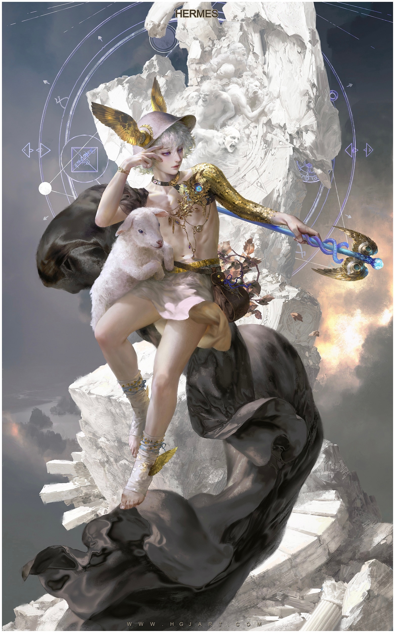 guangjian huang, hermes (mythology), original, absurdres, highres, 1boy, bare shoulders, bracelet, jewelry, purple eyes, sheep, short hair, sittinf, solo, white hair
