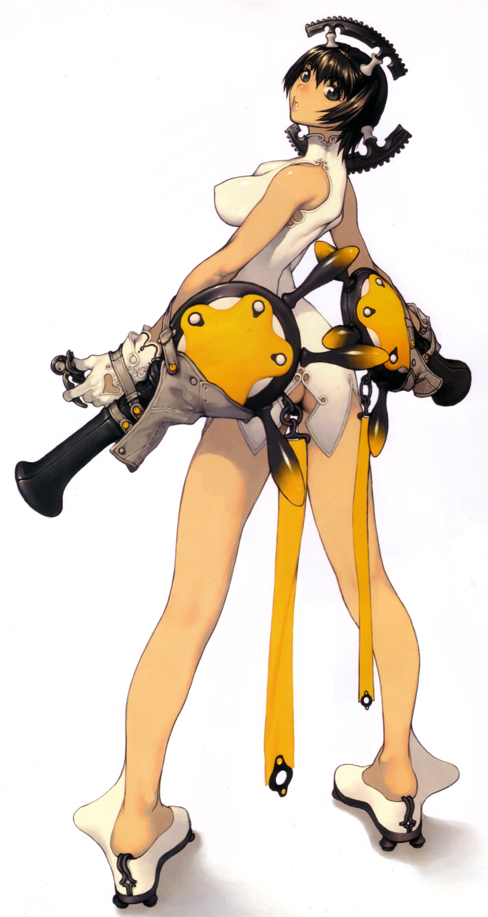 kim hyung tae, magna carta, oxide 2, absurdres, highres, scan, ass, back, black hair, brown hair, gloves, green hair, gun, heart, looking back, short hair, weapon