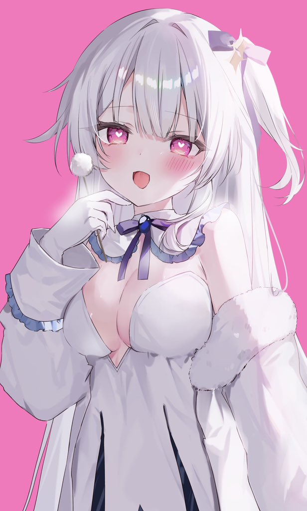 hakua aa, indie virtual youtuber, commentary request, commission, skeb commission, 1girl, amayui hiiro, bare shoulders, breasts, cleavage, coat, detached collar, dress, fur trim, gloves, hair ribbon, hand up, heart, heart-shaped pupils, heavy breathing, large breasts, long hair, looking at viewer, off shoulder, one side up, open mouth, pink background, pink eyes, ribbon, simple background, sleeveless, sleeveless dress, smile, solo, symbol-shaped pupils, upper body, virtual youtuber, white coat, white dress, white gloves, white hair
