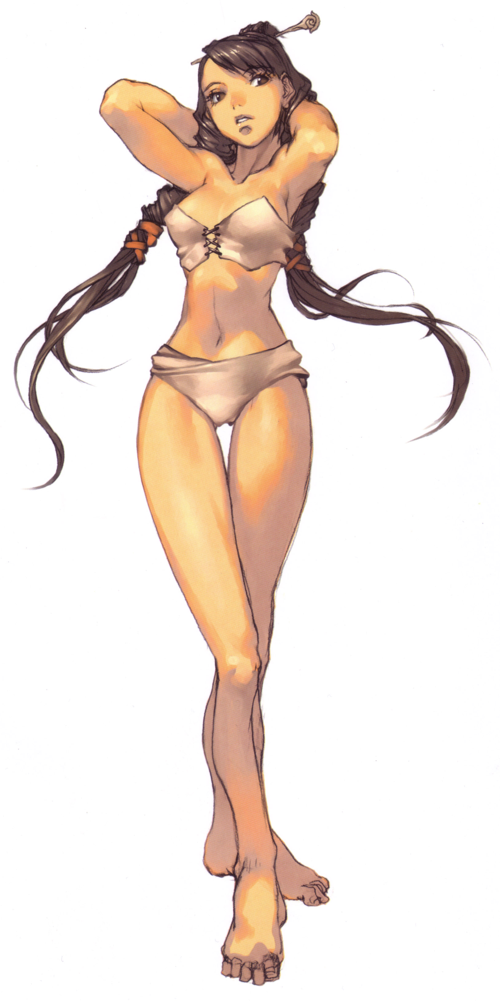 kim hyung tae, oxide 2, absurdres, highres, long image, scan, tall image, brown hair, hair ornament, hairpin, midriff, narrow waist, thigh gap, toes