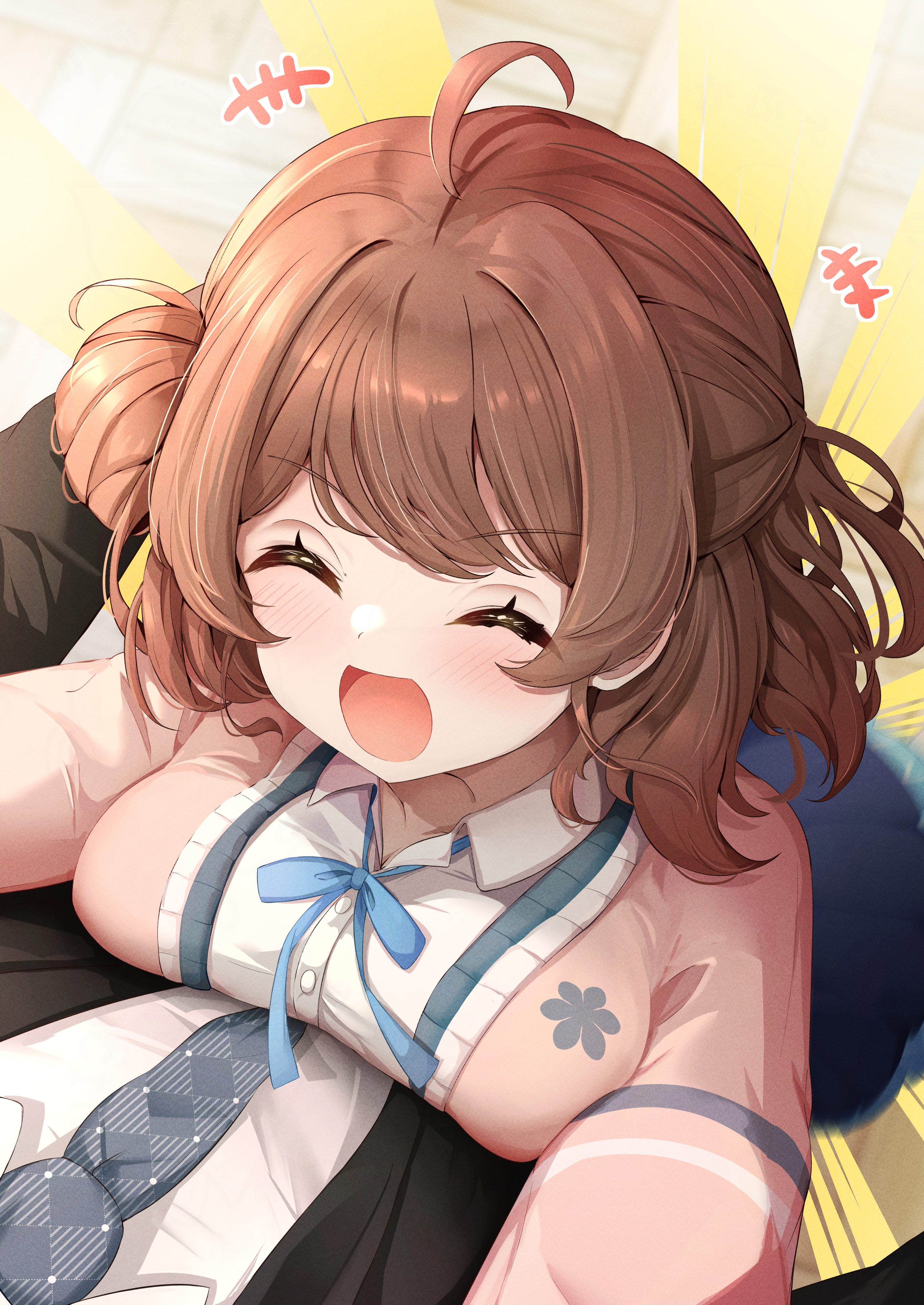 sky cappuccino, hanami ume, producer (idolmaster), gakuen idolmaster, idolmaster, absurdres, commentary request, highres, +++, 1boy, 1girl, ^ ^, ahoge, blue ribbon, blue skirt, blush, breast press, breasts, brown hair, cardigan, closed eyes, collared shirt, hair bun, large breasts, long sleeves, neck ribbon, open mouth, pink cardigan, ribbon, shirt, single side bun, skirt, white shirt