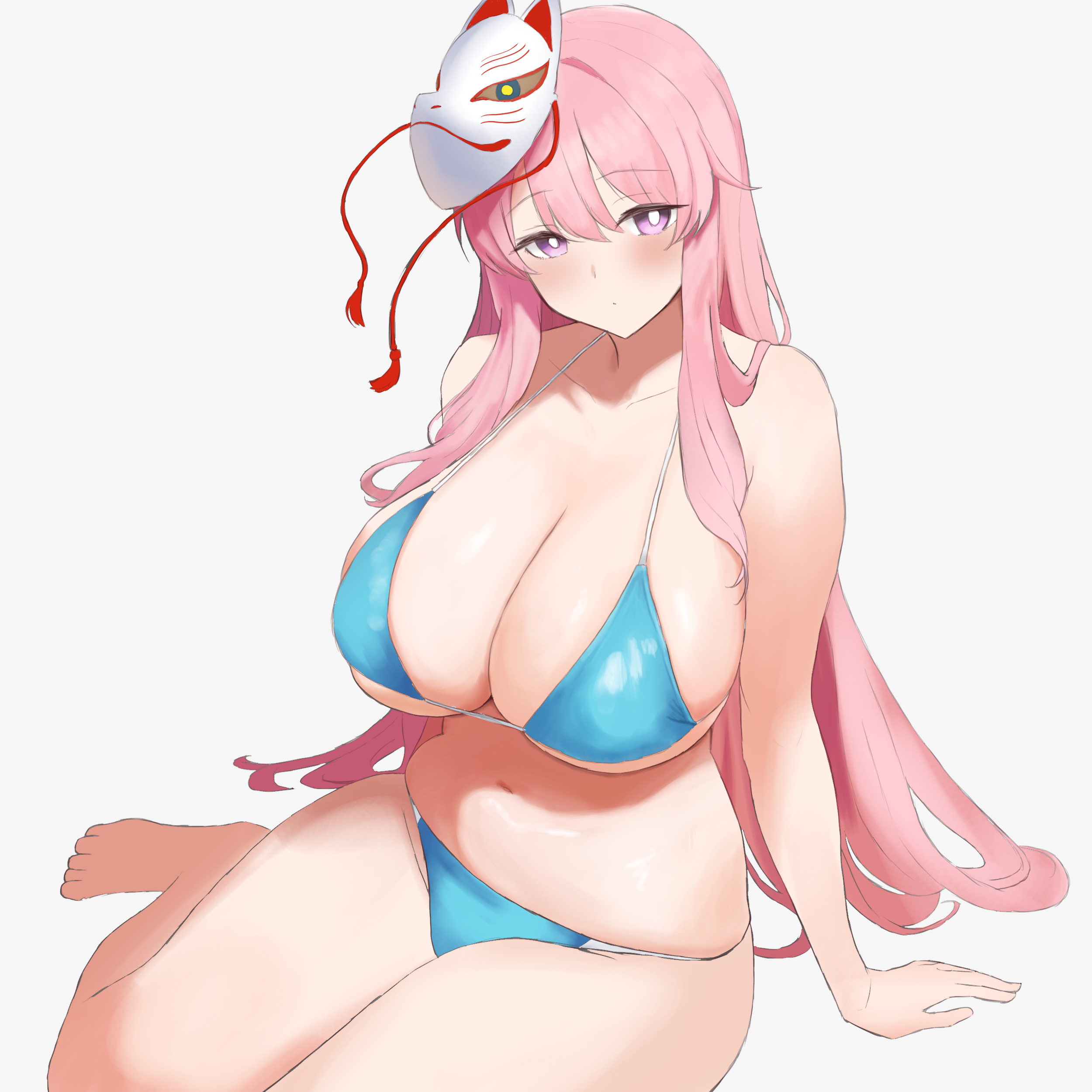 moriforest1040, hata no kokoro, touhou, absurdres, commentary request, highres, 1girl, bare shoulders, bikini, blue bikini, breasts, cleavage, expressionless, fox mask, grey background, halterneck, large breasts, long hair, mask, navel, pink eyes, pink hair, simple background, sitting, solo, swimsuit