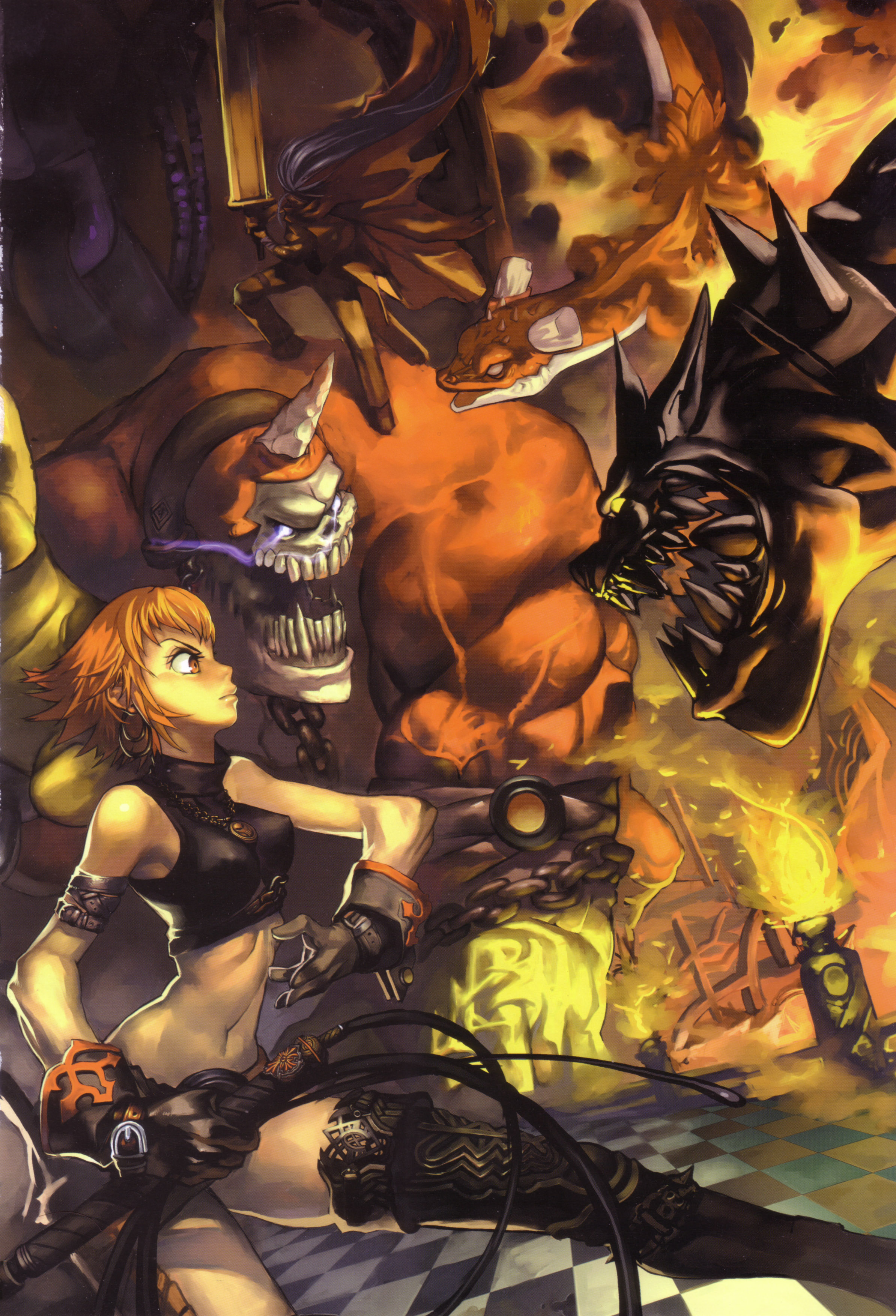 kim hyung tae, oxide 2, absurdres, highres, scan, earrings, fire, gloves, jewelry, midriff, orange hair, short hair