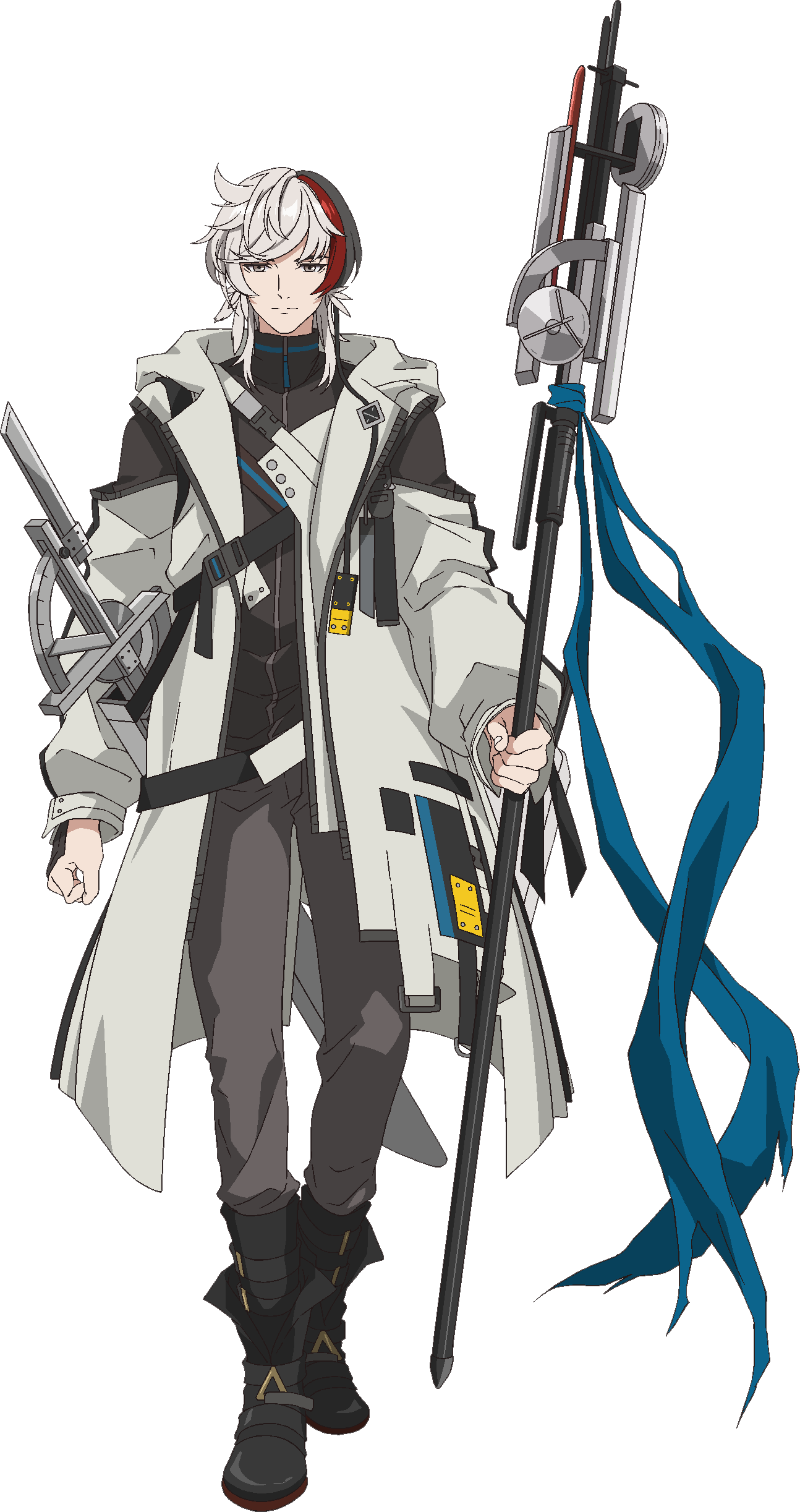 takafuji aya, elysium (arknights), arknights, absurdres, highres, official art, 1boy, anime coloring, belt, black belt, black hair, blue sash, brown eyes, clenched hands, closed mouth, clothing cutout, coat, collared jacket, full body, grey jacket, grey pants, holding, holding polearm, holding sword, holding weapon, hood, hood down, hooded coat, jacket, long sleeves, looking at viewer, multicolored hair, open clothes, open coat, pants, polearm, red hair, sash, scabbard, sheath, short hair, shoulder cutout, sidelocks, simple background, smile, solo, spear, standing, streaked hair, sword, transparent background, weapon, white coat, white hair, white hood