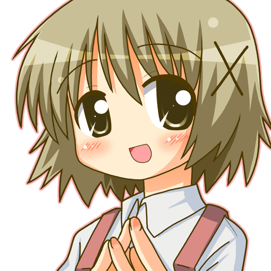 minami (colorful palette), yuno (hidamari sketch), hidamari sketch, 00s, 1girl, :d, blush, brown eyes, brown hair, female focus, hair ornament, hairpin, no nose, open mouth, own hands together, school uniform, short hair, simple background, smile, solo, yamabuki high school uniform