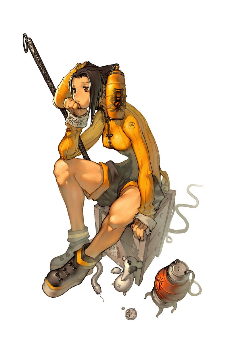 kim hyung tae, ruchielu chelsea descralda, magna carta, magna carta: the phantom of avalanche, highres, box, brown eyes, brown hair, hair ornament, head rest, short hair, shorts, sitting, snake, solo