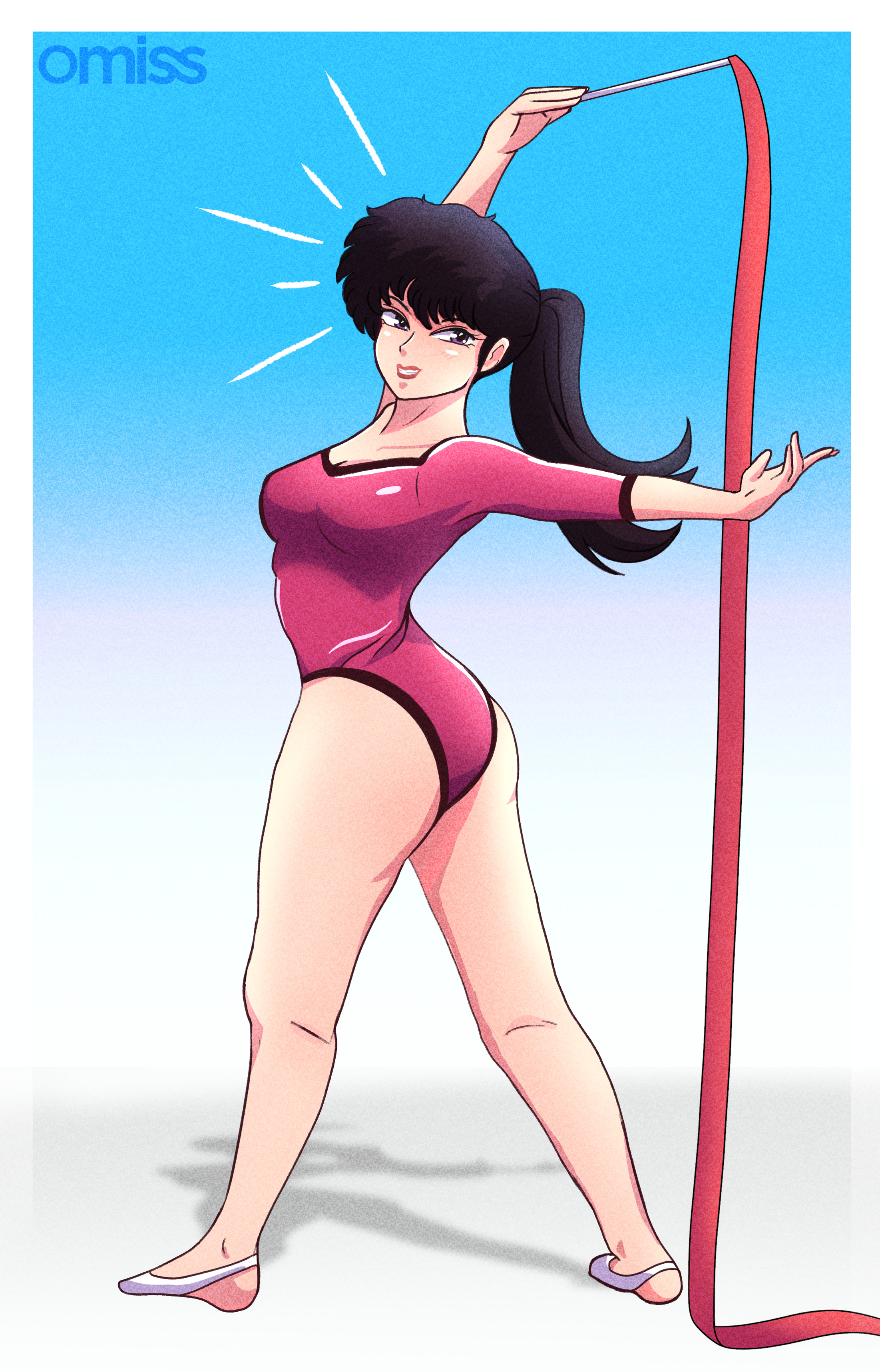 kunou kodachi, ranma 1/2, absurdres, artist request, highres, 1girl, ass, black hair, breasts, covered erect nipples, large breasts, leotard, long hair, looking at viewer, looking back, pink leotard, ponytail, smile, solo