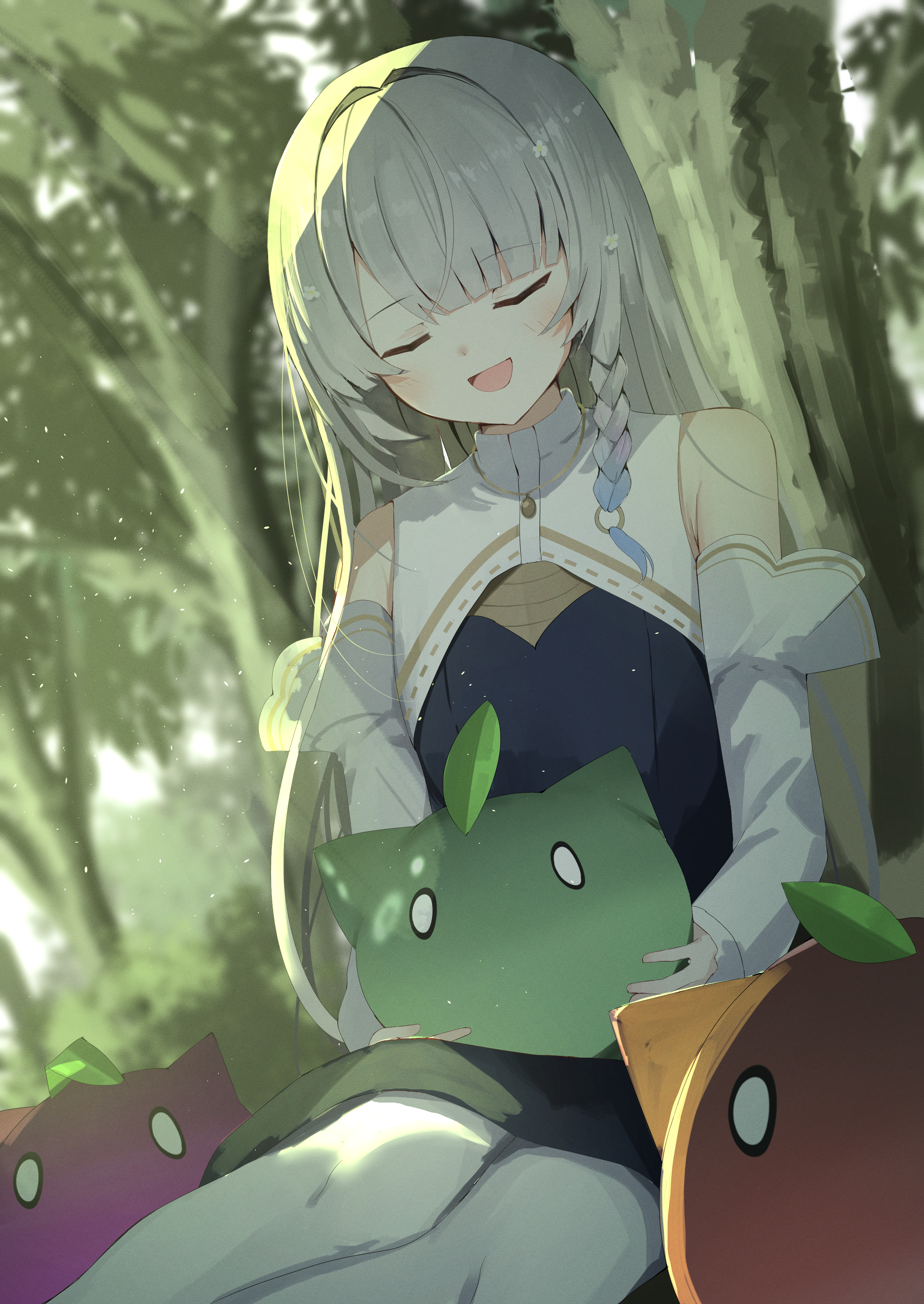 nodoameyatou, absurdres, commentary, highres, 1girl, :d, armpit crease, bare shoulders, black shirt, blunt bangs, blush, braid, closed eyes, day, detached sleeves, dutch angle, facing viewer, feet out of frame, forest, grey hair, hair intakes, kanade (kanade), kanade (visual novel), leaf, leaf on head, long hair, long sleeves, nature, open mouth, outdoors, shirt, sidelighting, single braid, sitting, smile, solo, straight hair, sunlight, tree, very long hair, yokozuwari