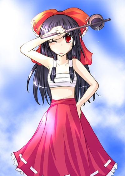 hakurei reimu, touhou, 1girl, armpits, female focus, hand on own hip, japanese clothes, maid, miko, red eyes, sarashi, shrine, solo