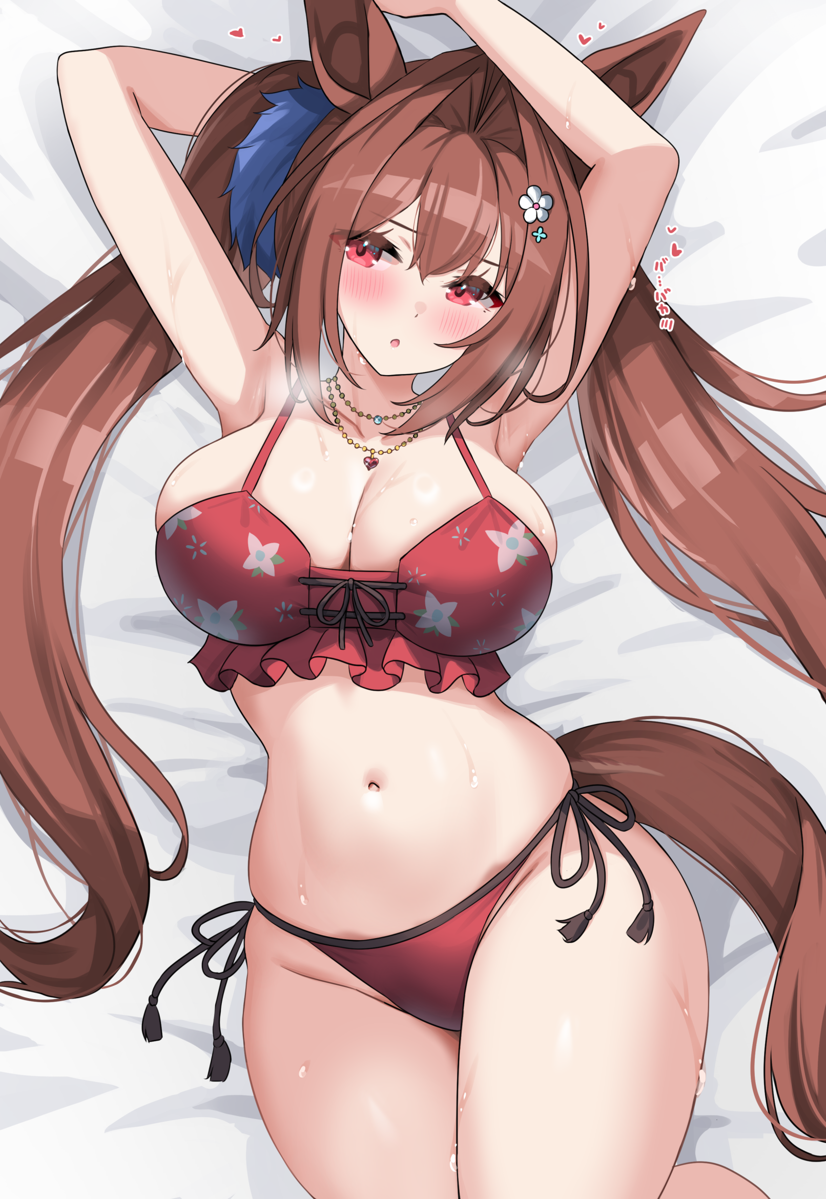 kibihimi, daiwa scarlet (umamusume), umamusume, commentary request, highres, revision, 1girl, alternate costume, animal ears, armpits, arms up, belly, bikini, blush, breasts, brown hair, cleavage, collarbone, floral print bikini, frilled bikini, frills, hair between eyes, hair intakes, hair ornament, hair spread out, horse ears, horse girl, jewelry, large breasts, long hair, looking to the side, navel, necklace, open mouth, red eyes, side-tie bikini bottom, simple background, solo, stomach, swimsuit, thighs, twintails, very long hair, wet, white background