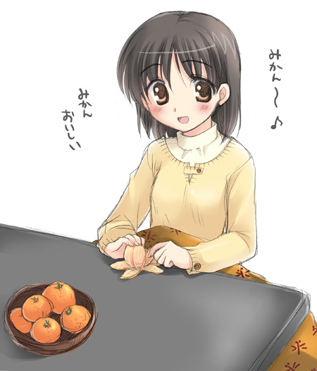 koyuki (2smj), koyuki (artist), original, translated, 1girl, female focus, food, fruit, kotatsu, mandarin orange, solo, table