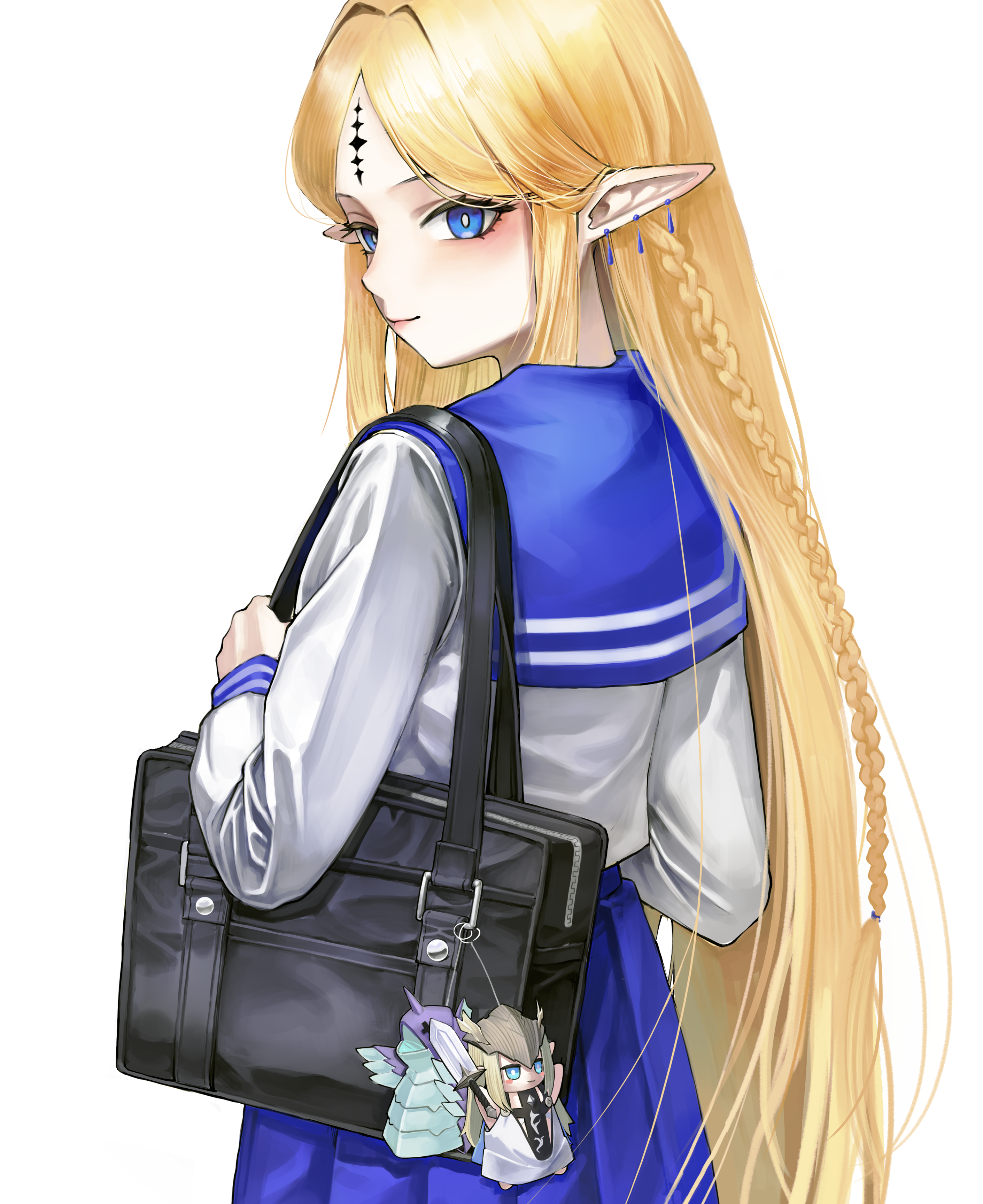 fallencoffee, cartethyia (wuthering waves), leviathan (wuthering waves), wuthering waves, absurdres, commentary, highres, 1girl, bag, bag charm, black bag, blonde hair, blue eyes, blue sailor collar, charm (object), closed mouth, earrings, jewelry, long hair, long pointy ears, long sleeves, looking at viewer, looking back, multiple earrings, parted bangs, pointy ears, sailor collar, school bag, school uniform, serafuku, shirt, shoulder bag, sidelocks, simple background, smile, solo, tacet mark (wuthering waves), very long hair, white background, white shirt