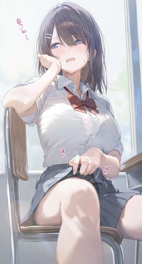 kurono mitsuki, original, commentary request, translation request, 1girl, black bra, black hair, black skirt, blue eyes, bow, bowtie, bra, bra visible through clothes, breasts, clothes lift, collared shirt, hair ornament, hairclip, hot, large breasts, lifting own clothes, looking to the side, open mouth, red bow, red bowtie, school uniform, shirt, short hair, sitting, skirt, skirt lift, solo, sweat, underwear, white shirt