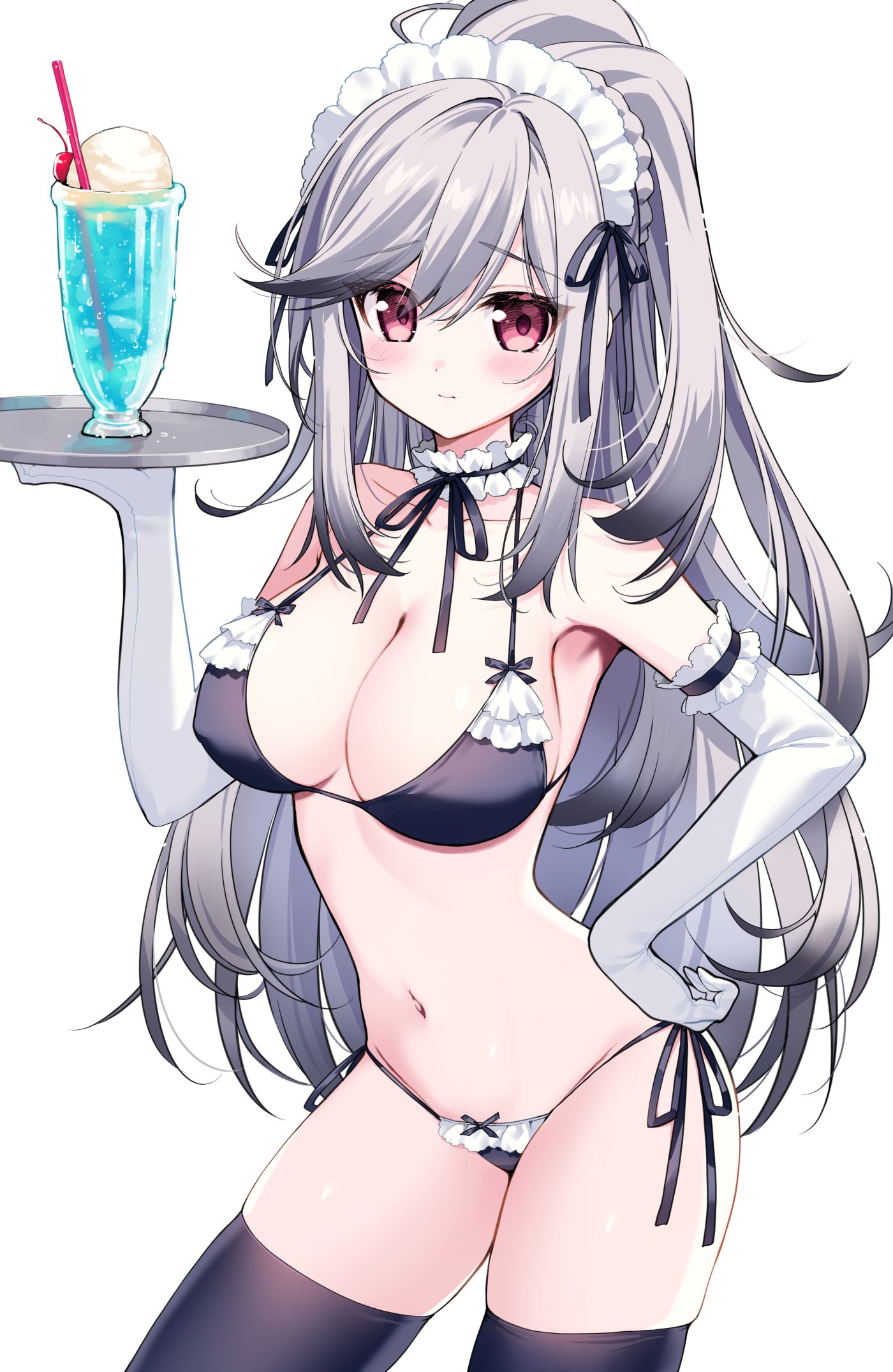 nikyuppa, dunkerque (azur lane), azur lane, commentary, commission, highres, skeb commission, 1girl, alternate costume, armpits, bare shoulders, bikini, black bikini, black thighhighs, breasts, choker, cleavage, closed mouth, contrapposto, cowboy shot, elbow gloves, frilled bikini, frilled choker, frilled gloves, frills, gloves, gradient hair, grey hair, halterneck, hand on own hip, hand up, large breasts, long hair, looking at viewer, maid, maid bikini, maid headdress, multicolored hair, navel, ponytail, red eyes, side-tie bikini bottom, simple background, skindentation, solo, stomach, string bikini, swept bangs, swimsuit, thighhighs, tray, tropical drink, unconventional maid, very long hair, white background, white gloves