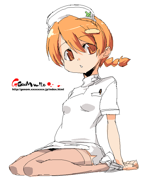 onija tarou, copyright request, 1girl, braid, female focus, nurse, oekaki, orange eyes, orange hair, solo, thighhighs