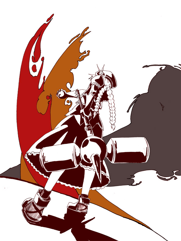 mitsuyorin, graf eisen, vita (nanoha), lyrical nanoha, mahou shoujo lyrical nanoha, mahou shoujo lyrical nanoha a's, mahou shoujo lyrical nanoha strikers, bad id, bad pixiv id, 00s, 1girl, braid, female focus, frills, from behind, from below, gloves, hammer, hat, holding, holding weapon, legs apart, long hair, orb, puffy short sleeves, puffy sleeves, shadow, shoes, short sleeves, skirt, skull print, solo, spikes, standing, twin braids, weapon