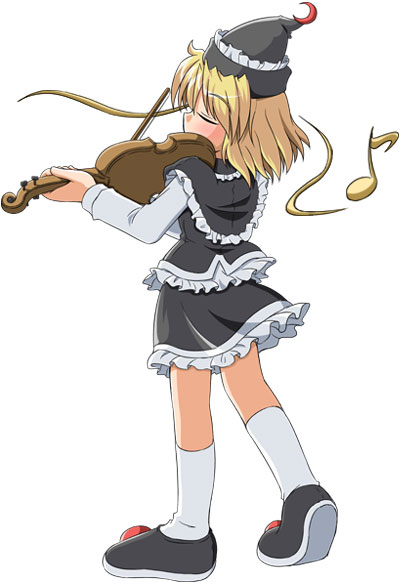 d.a, lunasa prismriver, touhou, 1girl, black shoes, black skirt, blonde hair, closed eyes, crescent, female focus, frilled skirt, frills, from behind, full body, hat, instrument, kneehighs, long sleeves, music, musical note, playing instrument, quaver, shoes, short hair, simple background, skirt, skirt set, socks, solo, standing, violin, white background, white socks