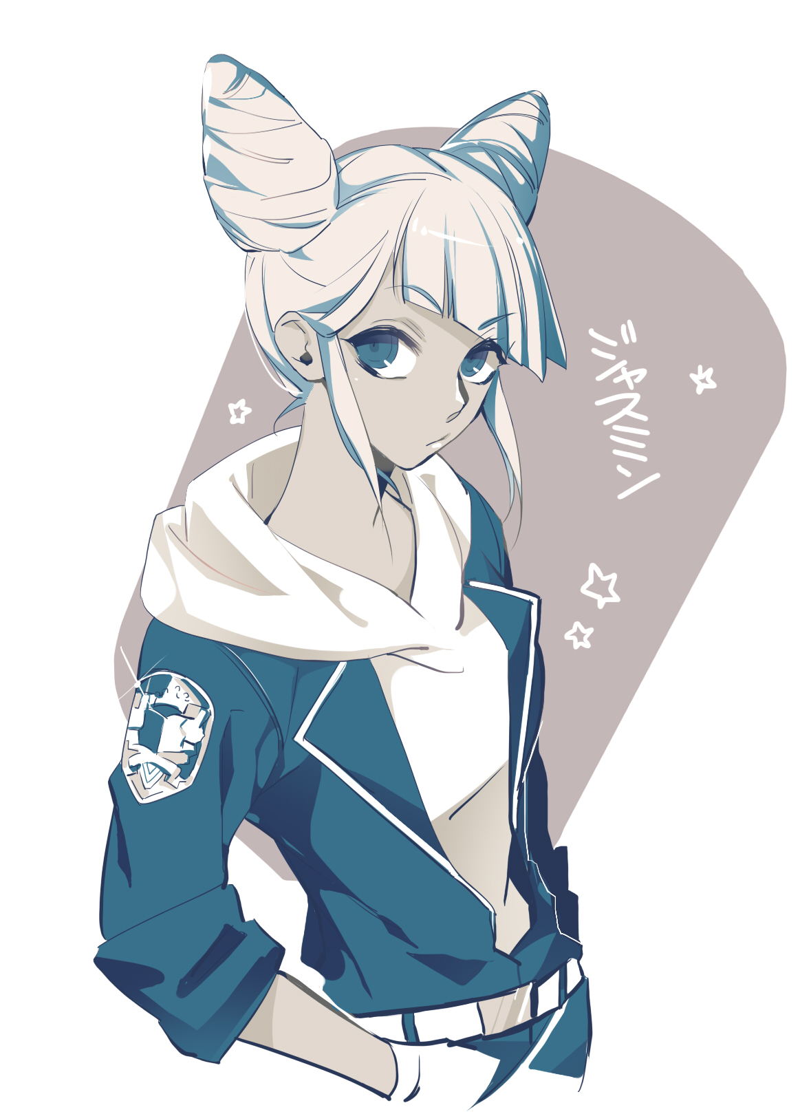 jasmine (toshi densetsu kaitai center), toshi densetsu kaitai center, highres, 1girl, blue eyes, character name, closed mouth, cone hair bun, cowboy shot, diagonal bangs, double bun, fula (fralzatta), hair bun, hood, hood down, jumpsuit, limited palette, long sleeves, looking at viewer, short hair, simple background, solo, standing, star (symbol), white background