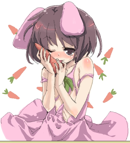 buriki, inaba tewi, touhou, lowres, 1girl, animal ears, carrot, dress, female focus, plant, rabbit ears, solo, white background