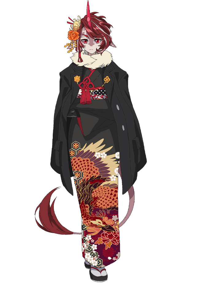 takafuji aya, fumizuki (arknights), arknights, official art, 1girl, animal ears, anime coloring, black gloves, black jacket, black kimono, closed mouth, crossed arms, dragon horns, flower, full body, geta, gloves, grey hair, hair flower, hair ornament, horns, jacket, japanese clothes, kimono, looking at viewer, low-tied sidelocks, multicolored hair, obi, open clothes, open jacket, red eyes, red hair, red horns, red tail, sash, short hair, sidelocks, simple background, single horn, solo, standing, striped hair, tail, transparent background, two-tone hair, v-shaped eyebrows, wide sleeves