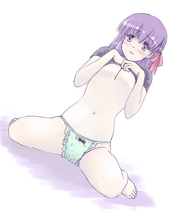 takahashi mugi, matou sakura, fate/stay night, fate (series), 00s, 1girl, barefoot, blush, breasts, cleavage, clothes lift, female focus, kneeling, lingerie, medium breasts, panties, shirt lift, sitting, solo, spread legs, underboob, underwear, wariza