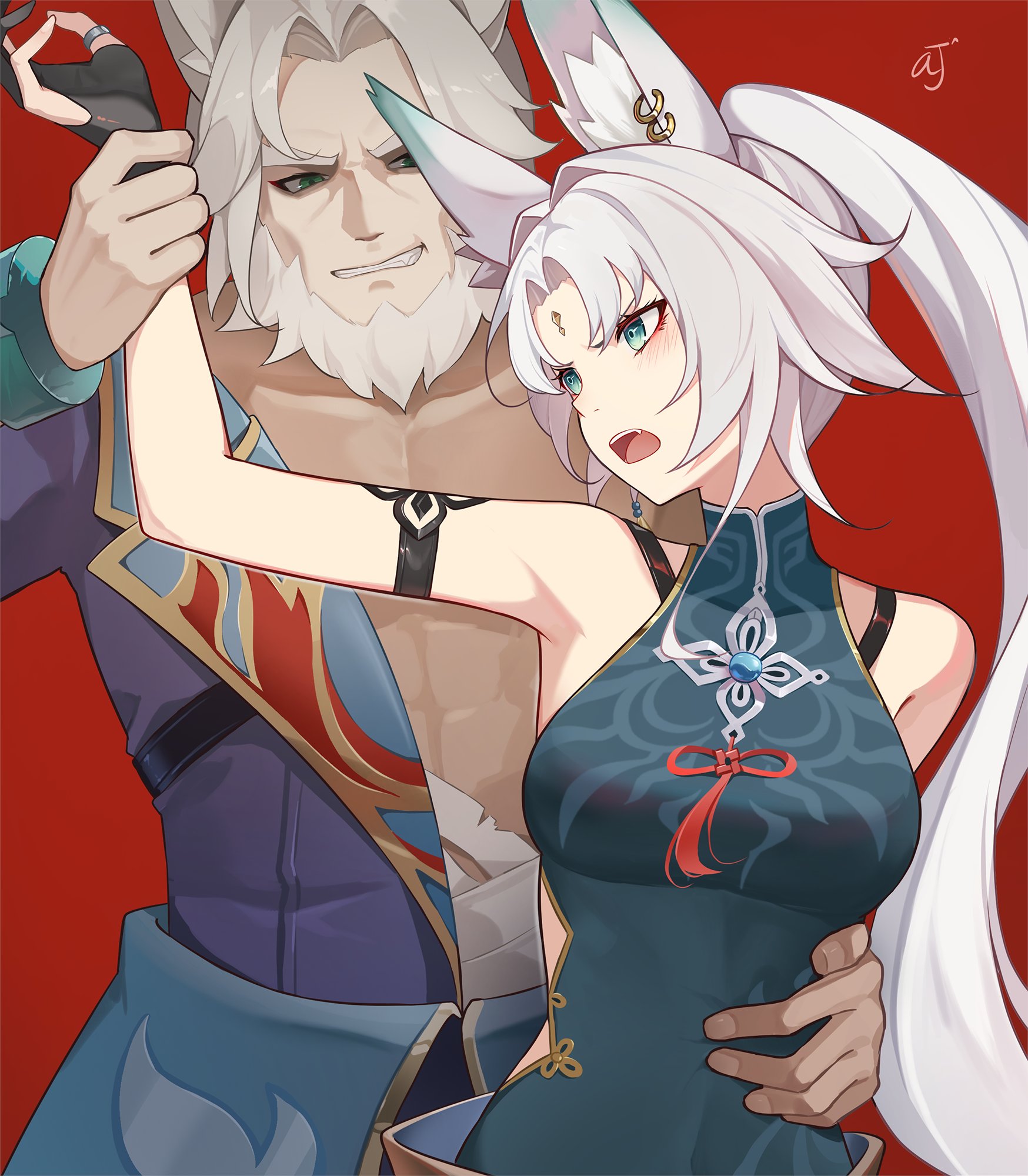 ark john up, feixiao (honkai: star rail), hoolay (honkai: star rail), honkai: star rail, honkai (series), commentary, highres, 1boy, 1girl, animal ear fluff, animal ears, arm up, bare shoulders, beard, black gloves, blue gemstone, blush, breasts, dress, earrings, eyelashes, facial hair, fingerless gloves, fox boy, fox ears, fox girl, gem, gloves, green eyes, hand on another's hip, hand on another's waist, hetero, holding another's wrist, hoolay (foxian) (honkai: star rail), humanization, jewelry, long hair, looking at another, looking back, medium breasts, open mouth, parted bangs, parted lips, ponytail, red background, red eyes, short hair, signature, simple background, sleeveless, sleeveless dress, tassel, teeth, upper body, white hair