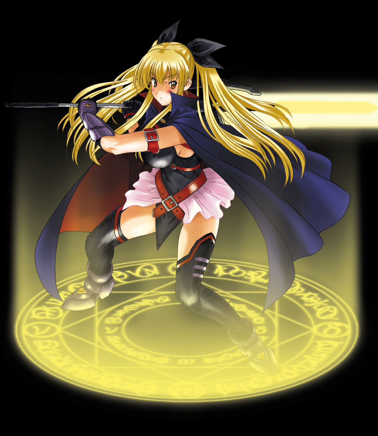 kamia (not found), bardiche (nanoha), bardiche (zanber form) (nanoha), fate testarossa, fate testarossa (lightning form), matsuoka kiyone, lyrical nanoha, mahou shoujo lyrical nanoha, mahou shoujo lyrical nanoha a's, mahou shoujo lyrical nanoha strikers, original, highres, 1girl, blonde hair, cosplay, fate testarossa (cosplay), female focus, solo, thighhighs