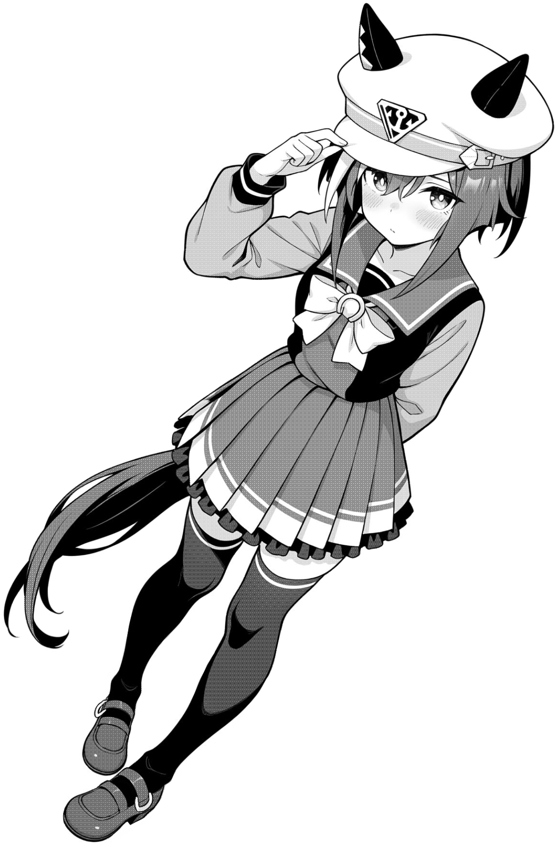 akagi koku, umamusume, highres, 1girl, animal ears, arm behind back, blush, bow, bowtie, closed mouth, ears through headwear, full body, greyscale, hair between eyes, hand up, hat, horse ears, horse girl, horse tail, long sleeves, looking at viewer, monochrome, pleated skirt, sailor collar, school uniform, serafuku, shirt, shoes, short hair, simple background, skirt, solo, standing, tail, thighhighs, tracen school uniform, zettai ryouiki