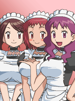 awa, autumn (pokemon), spring (pokemon), summer (pokemon dp062), nintendo, pokemon, pokemon (anime), pokemon dppt (anime), alternate breast size, lowres, 3girls, apron, autumn, black shirt, blouse, blush, brown eyes, brown hair, cowboy shot, frilled shirt, frills, gradient background, hand on own hip, jaggy lines, lace, lace-trimmed apron, lace-trimmed shirt, lace trim, maid, maid headdress, multiple girls, oekaki, pink background, purple eyes, purple hair, red background, red eyes, red hair, shirt, siblings, simple background, sisters, smile, standing, summer, swept bangs, wavy hair