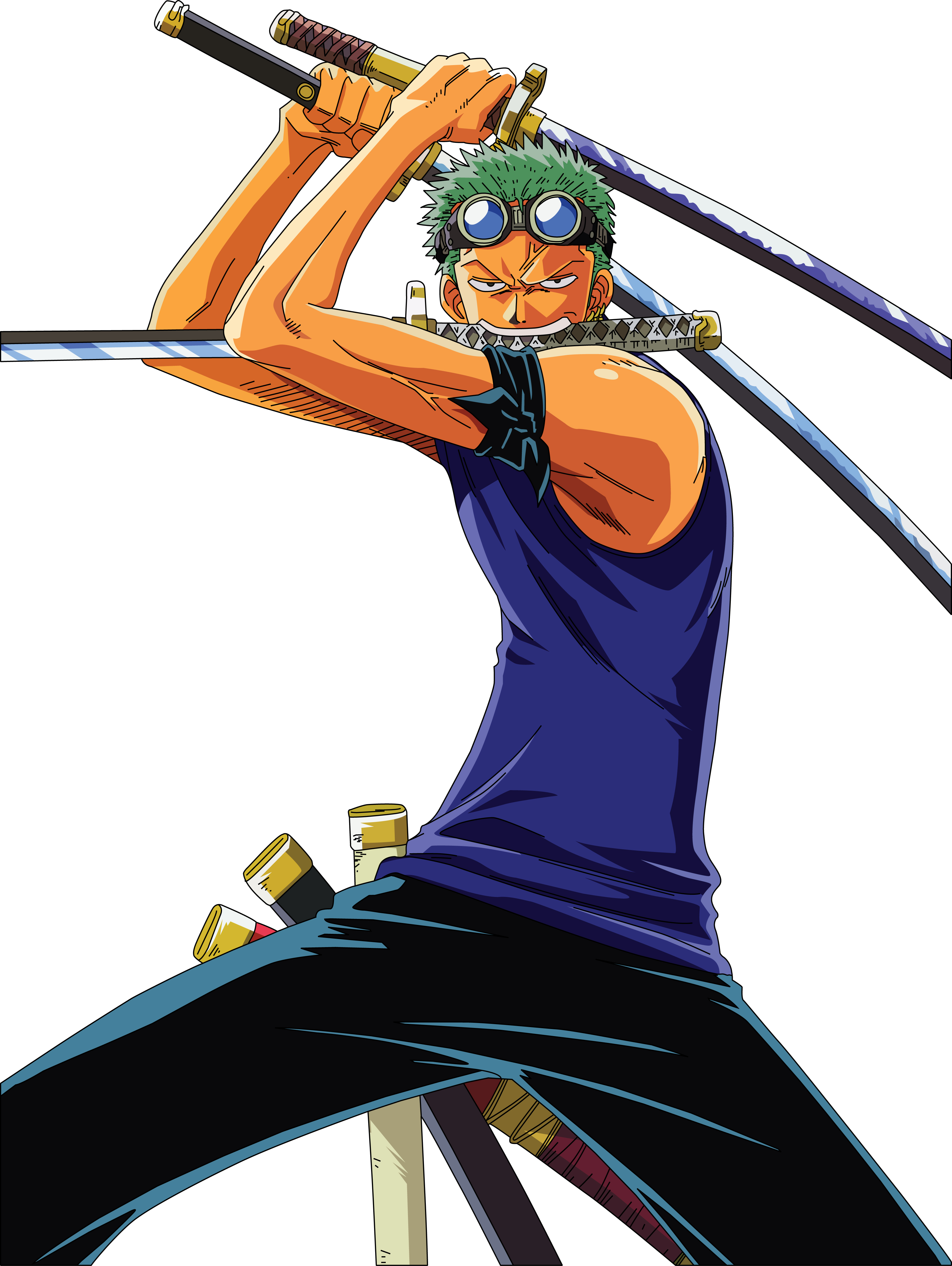 roronoa zoro, one piece, absurdres, derivative work, highres, source request, vector trace, 1boy, earrings, fighting stance, goggles, goggles on head, green hair, holding, holding sword, holding weapon, jewelry, katana, looking at viewer, male focus, mouth hold, multiple swords, pirate, sandai kitetsu, scabbard, serious, sheath, simple background, skypiea, solo, sword, tank top, triple wielding, unsheathed, wado ichimonji, weapon, white background, yubashiri